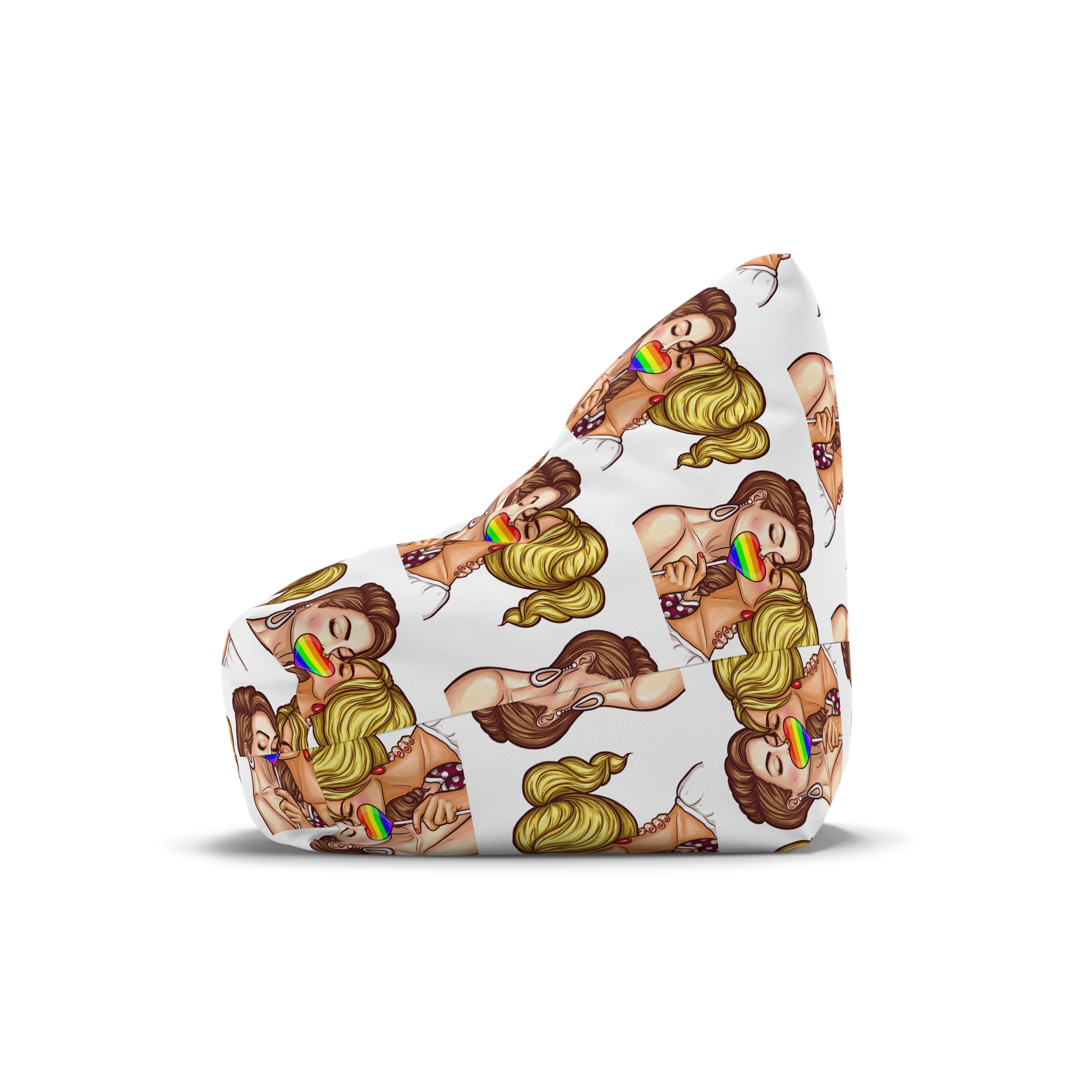 Vector Pop Art Lesbian Couple Kissing Covering Their Lips With Sign Stick Form Rainbow Heart Bean Bag Chair Cover - Image 4
