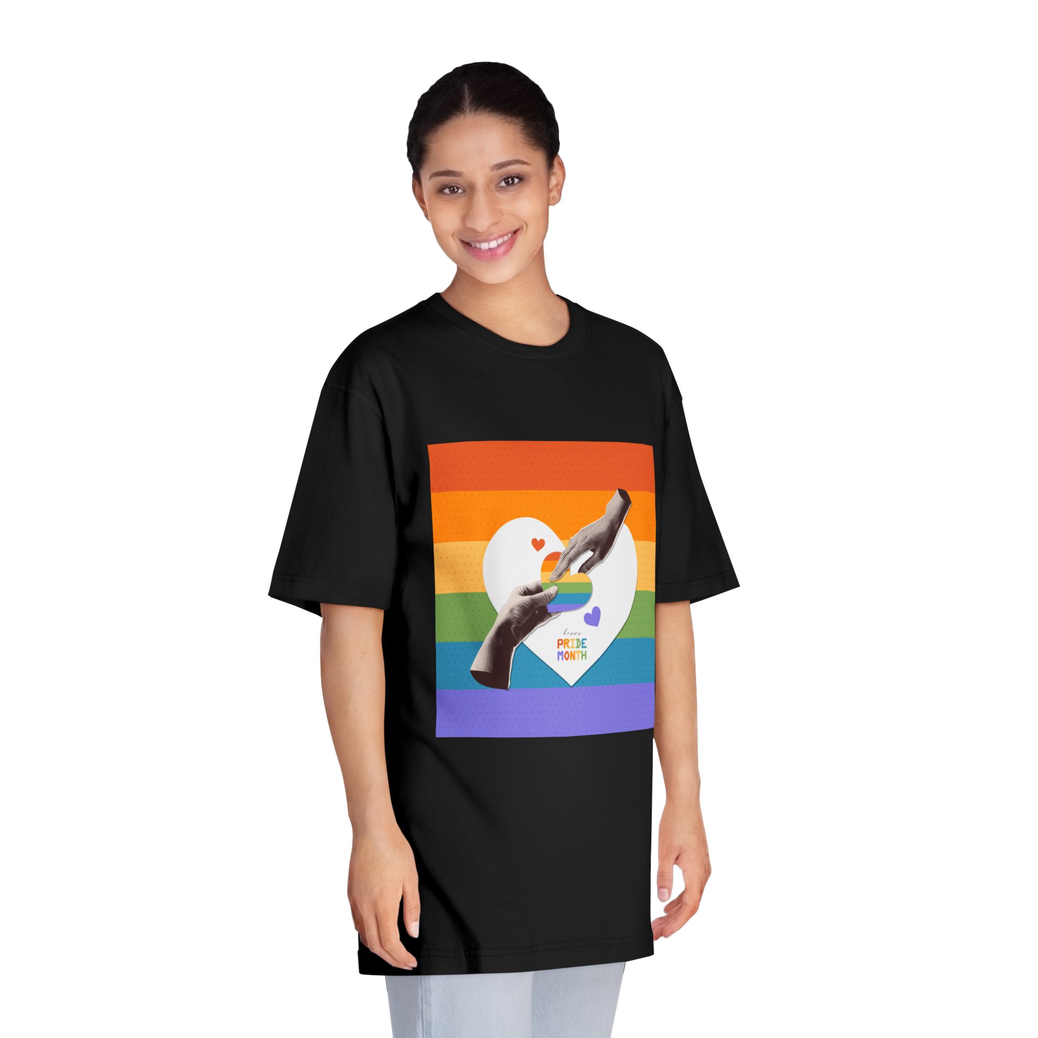 Retro Nostalgic Banner Pride Month Halftone Hands Holding Striped Heart Vintage Collage With - Unisex Classic Crewneck T Shirt - Image 7