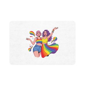 Two Happy Women Celebrating Diversity Pride With Rainbow Colors Splashes Pet Food Mat 12x18