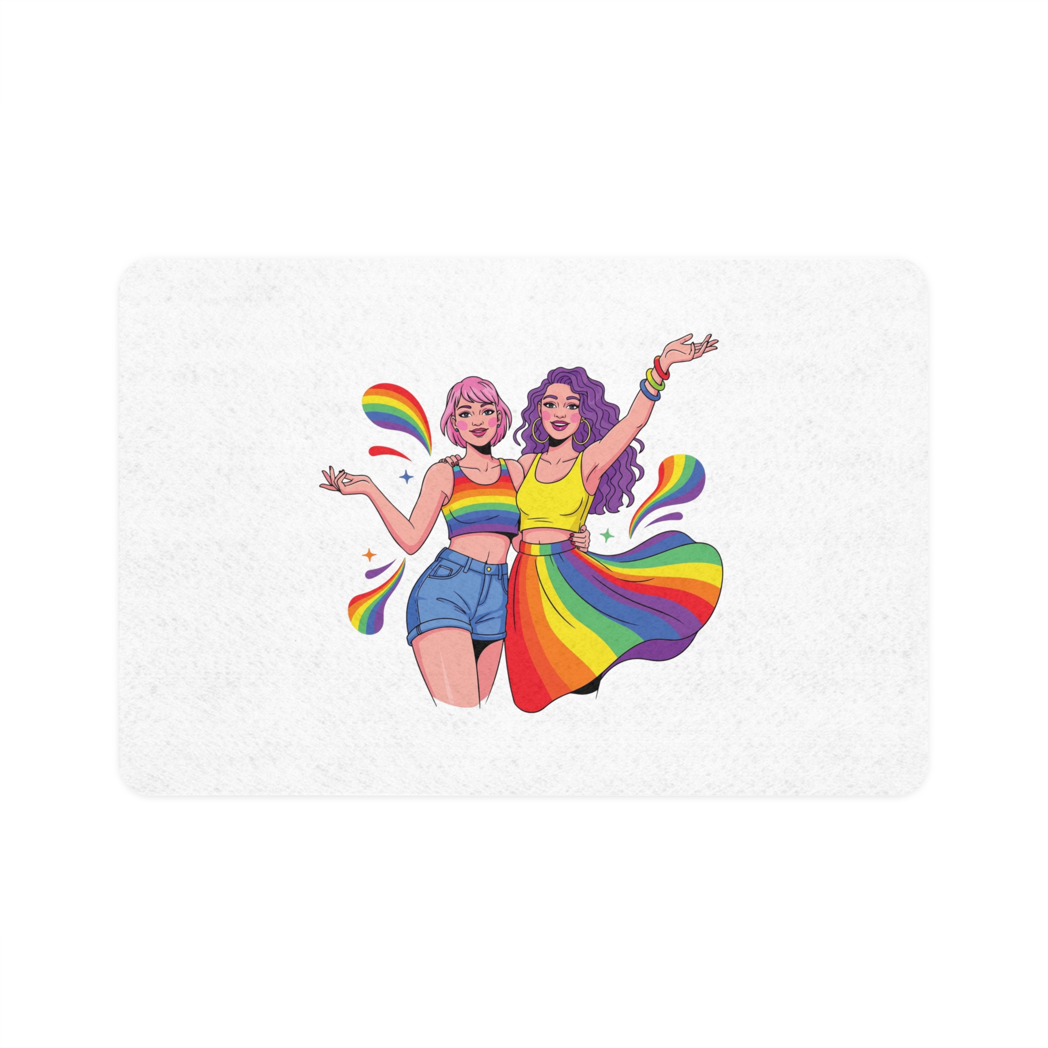 Two Happy Women Celebrating Diversity Pride With Rainbow Colors Splashes Pet Food Mat 12x18