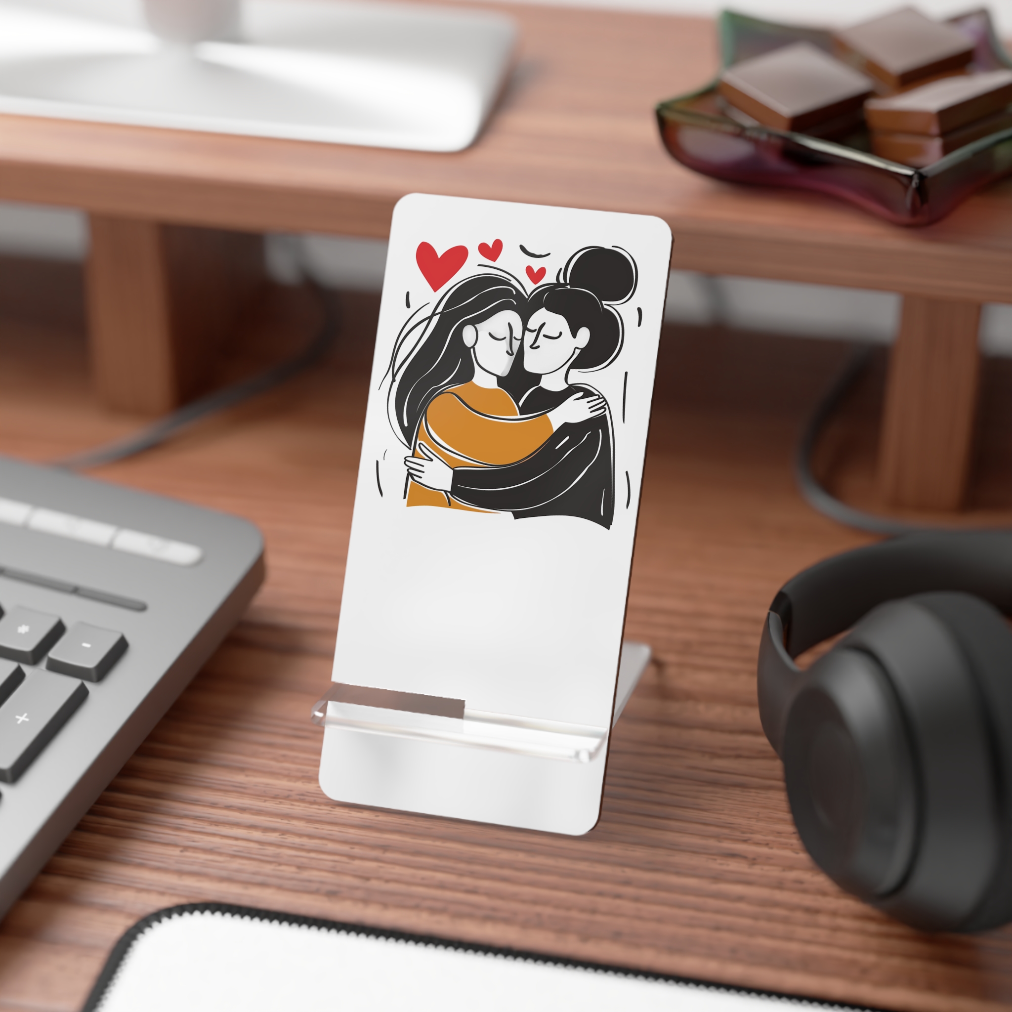 Drawing Two Women Hugging Red Heart Them Mobile Display Stand For Smartphones - Image 3