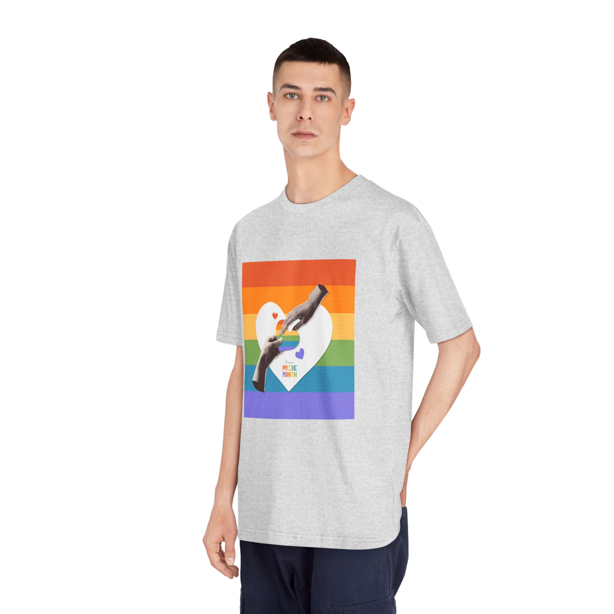 Retro Nostalgic Banner Pride Month Halftone Hands Holding Striped Heart Vintage Collage With - Unisex Classic Crewneck T Shirt - Image 16