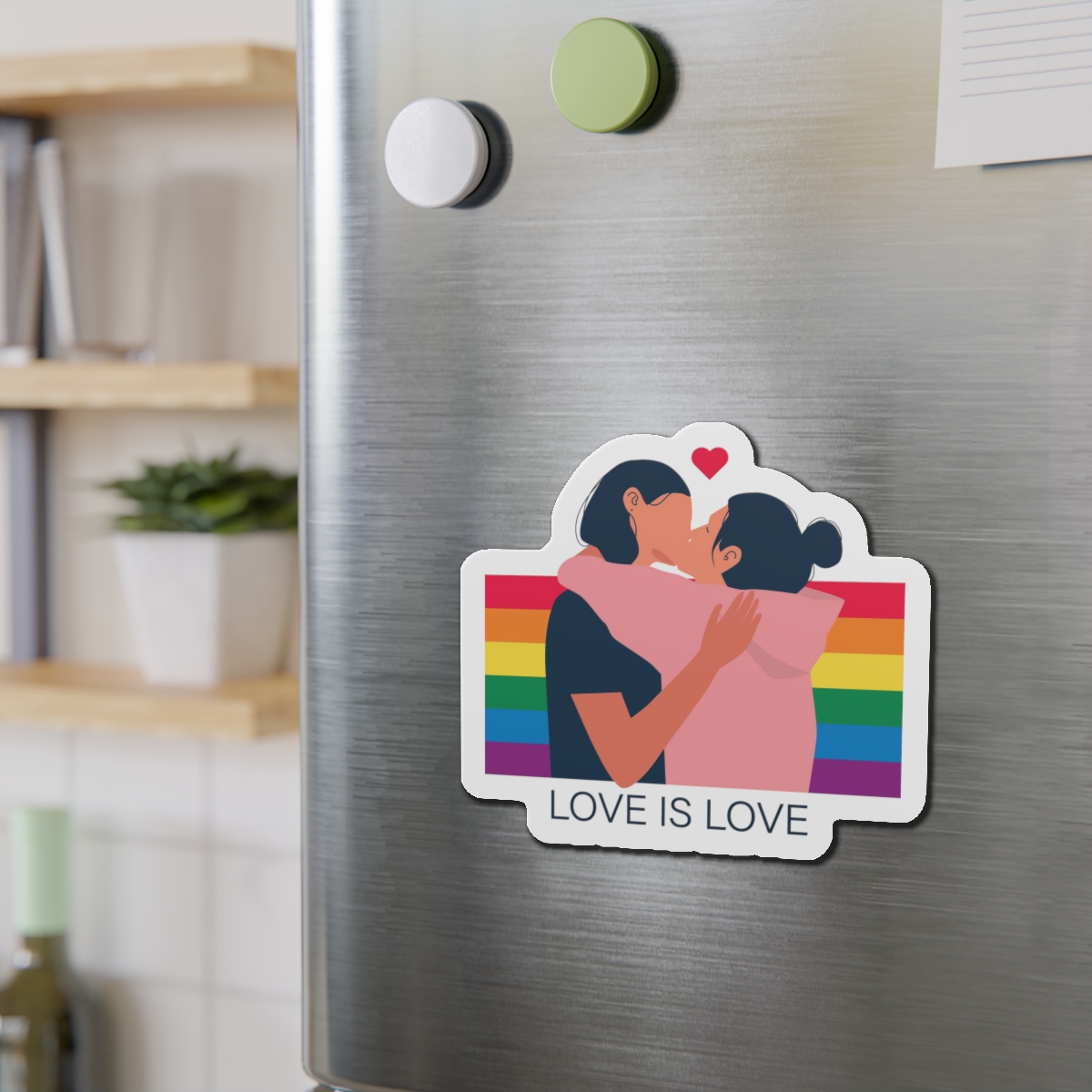 Lesbian Couple Kissing Hugging Rainbow Flag Love Is Love Die Cut Magnets - Image 12
