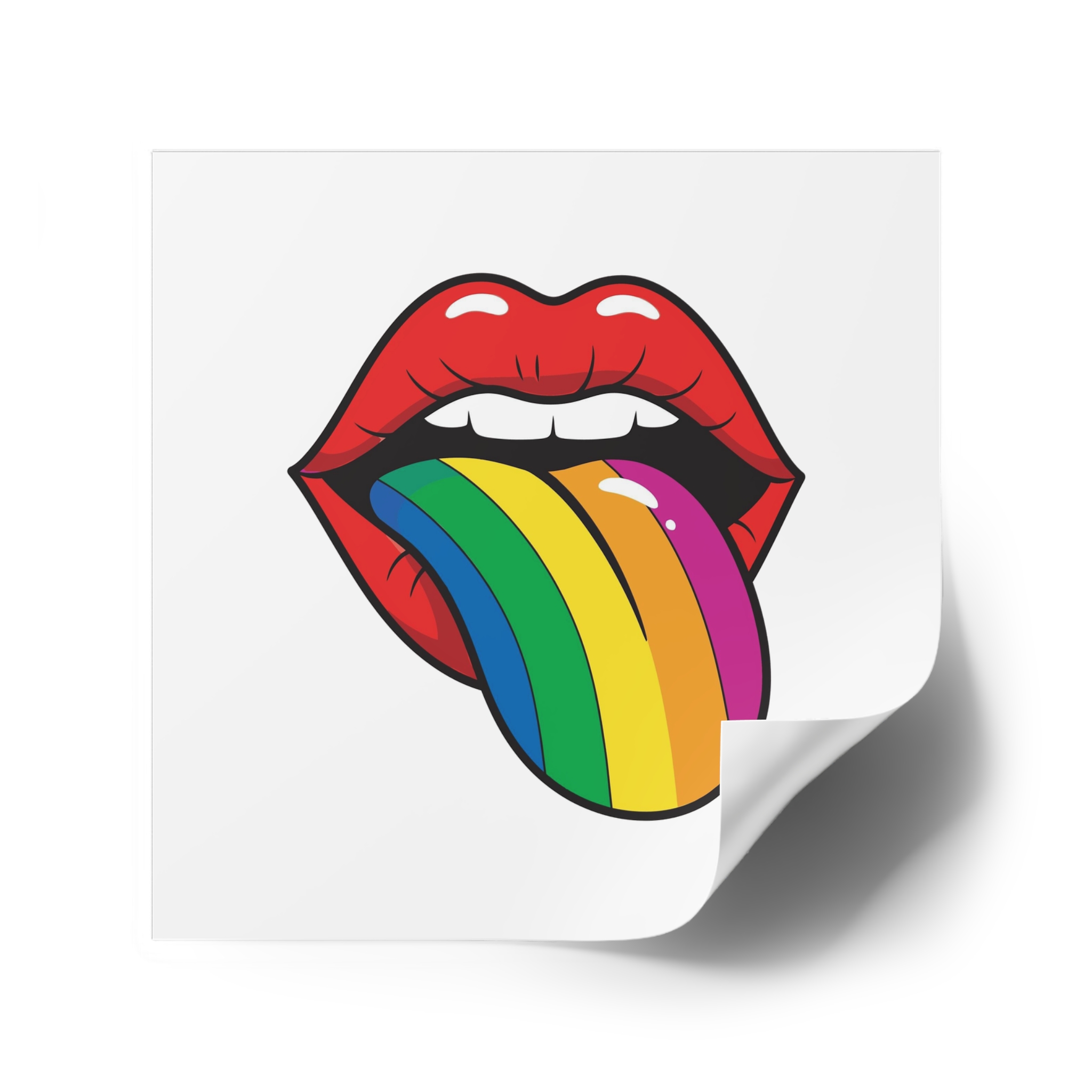 Pop Art Illustration Open Red Lips With Long Colorful Rainbow Tongue Sticking Out Now Laminate Stickers Square - Image 34