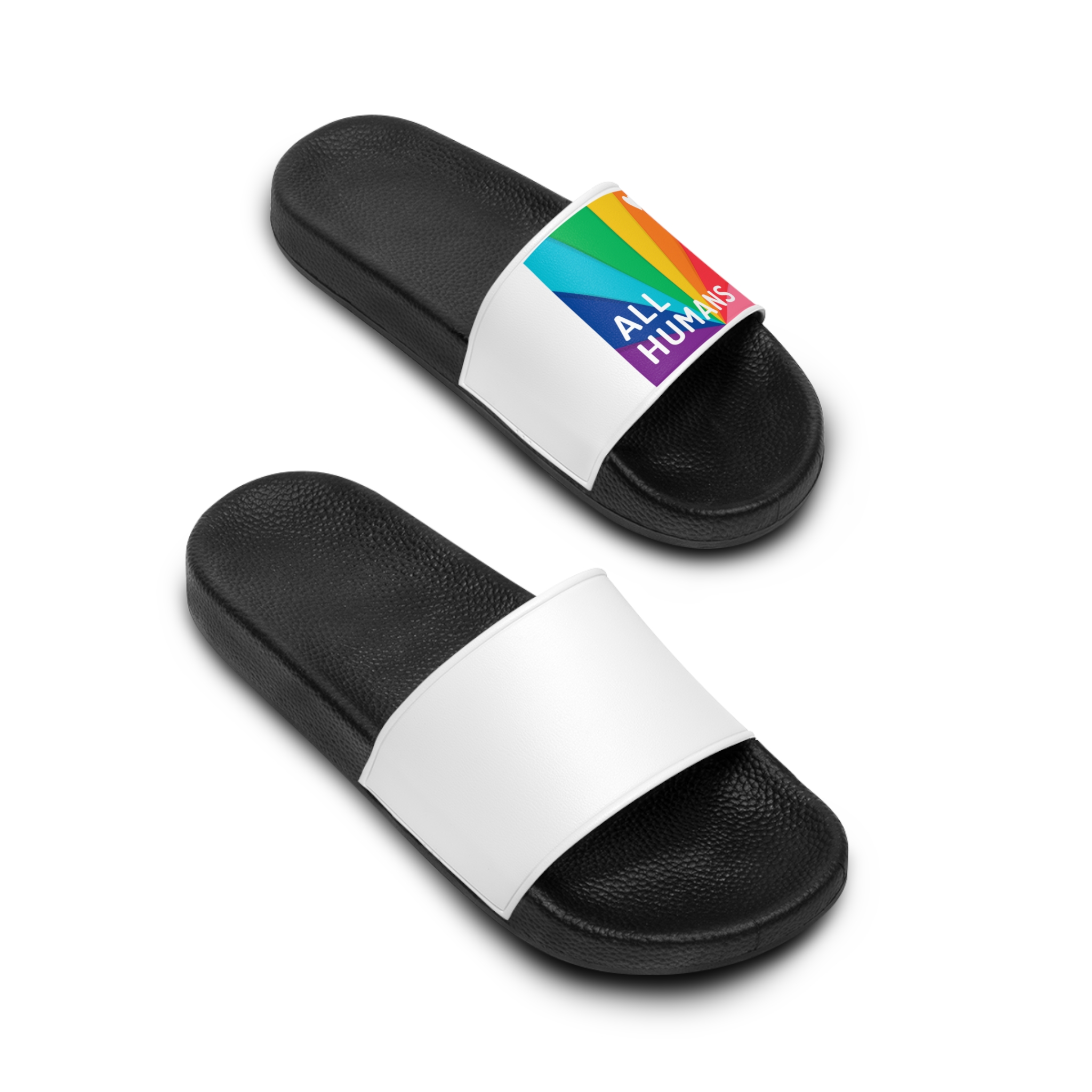 Rainbow Colored Background With All Humans Concept Pride Month Mens Slide Sandals - Image 4