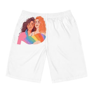Portrait Lesbian Couple With Rainbow Flag Concept Lgbtq Illustration Couple Mens Board Shorts Aop