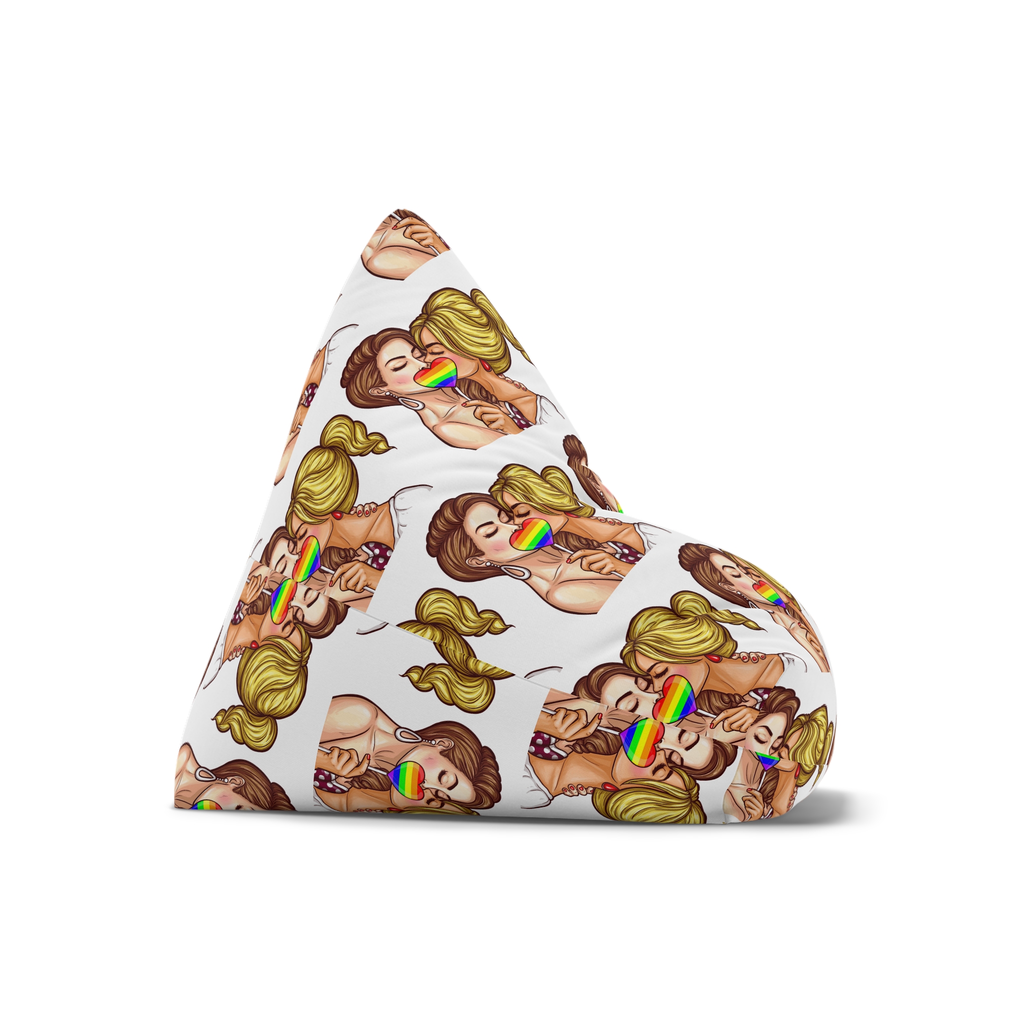 Vector Pop Art Lesbian Couple Kissing Covering Their Lips With Sign Stick Form Rainbow Heart Bean Bag Chair Cover - Image 7