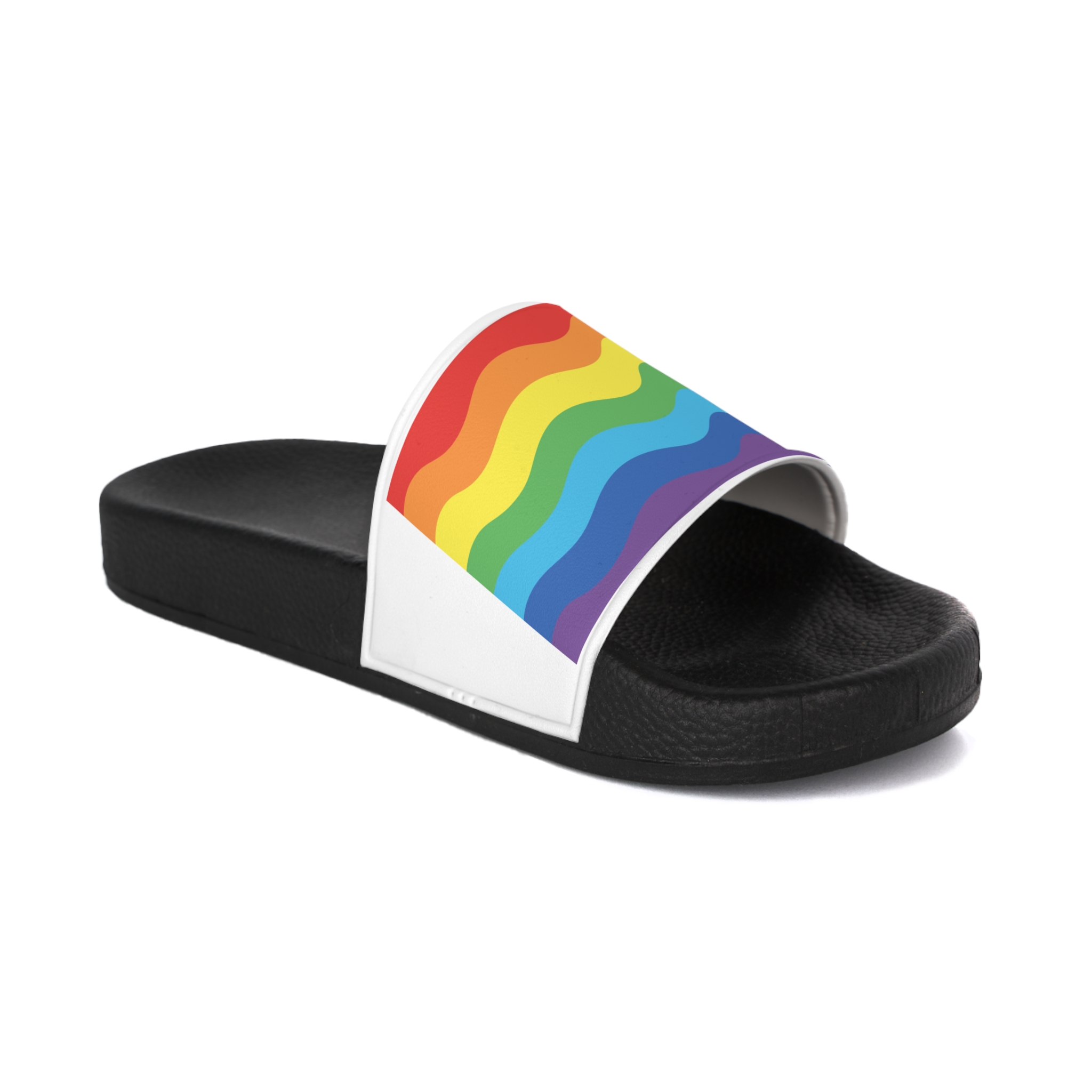 Bright Rainbow Color Waves Creating Cheerful Design Background Mens Slide Sandals - Image 2