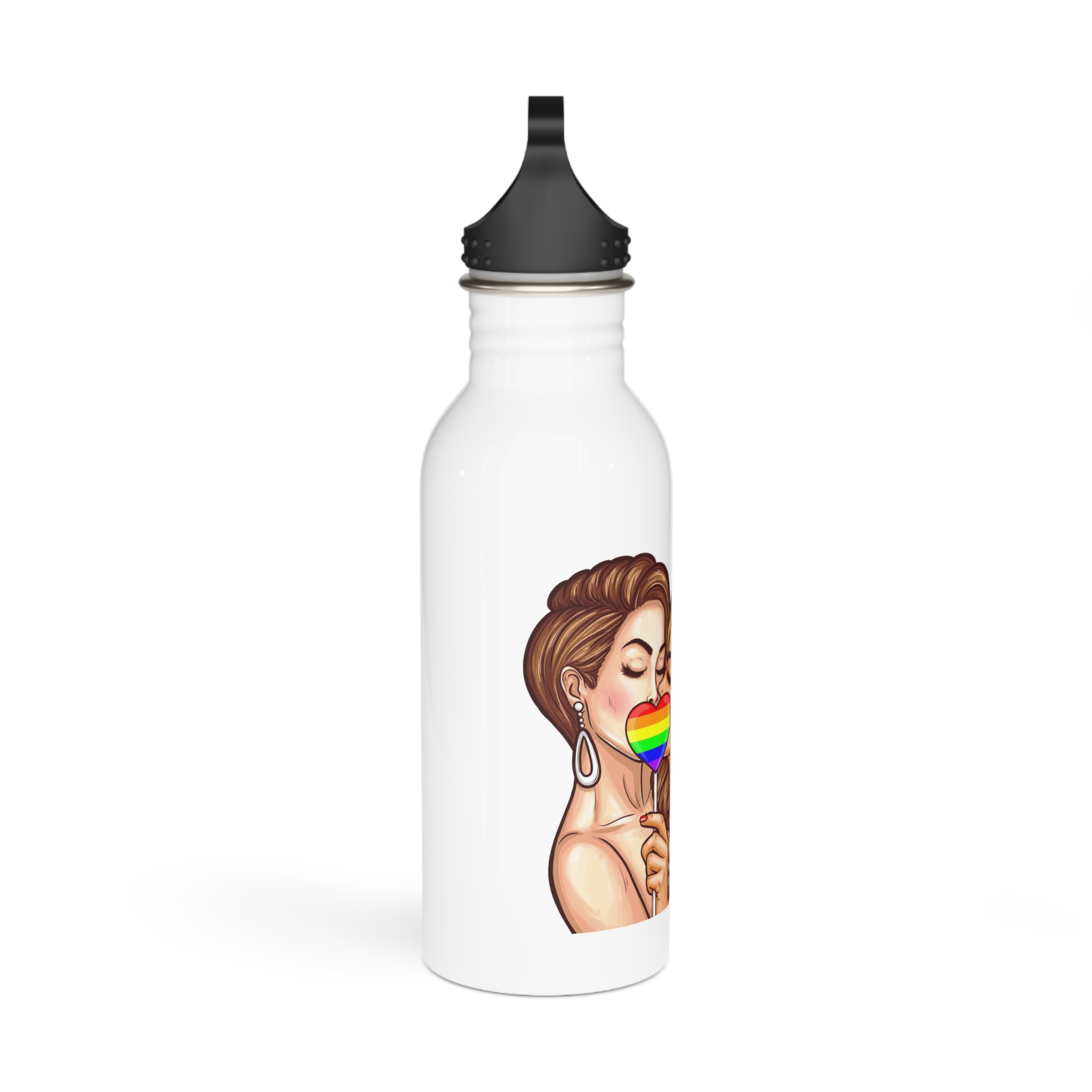 Vector Pop Art Lesbian Couple Kissing Covering Their Lips With Sign Stick Form Rainbow Heart Stainless Steel Water Bottle - Image 2