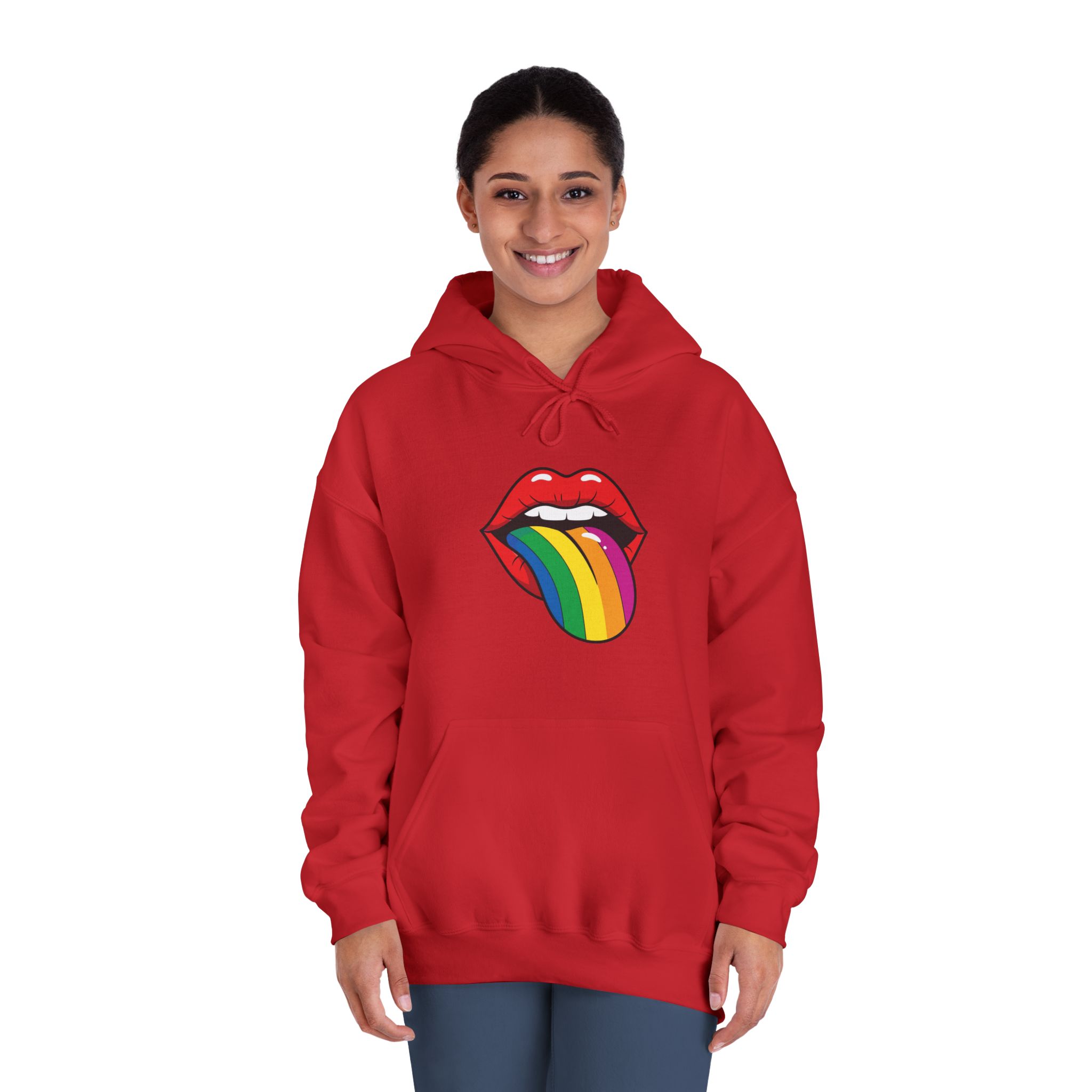 Pop Art Illustration Open Red Lips With Long Colorful Rainbow Tongue Sticking Out Now Unisex Dryblend Hooded Sweatshirt - Image 36