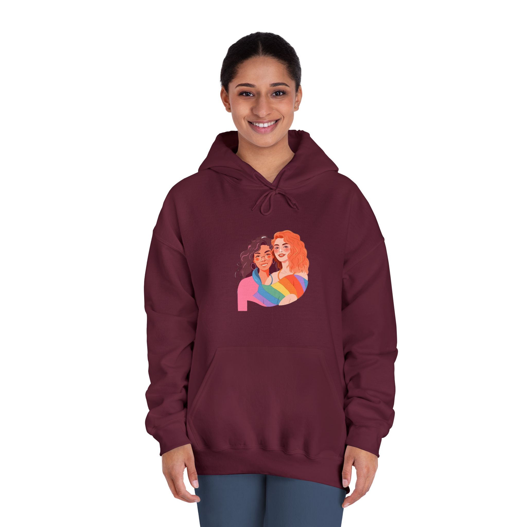 Portrait Lesbian Couple With Rainbow Flag Concept Lgbtq Illustration Couple Unisex Dryblend Hooded Sweatshirt - Image 20