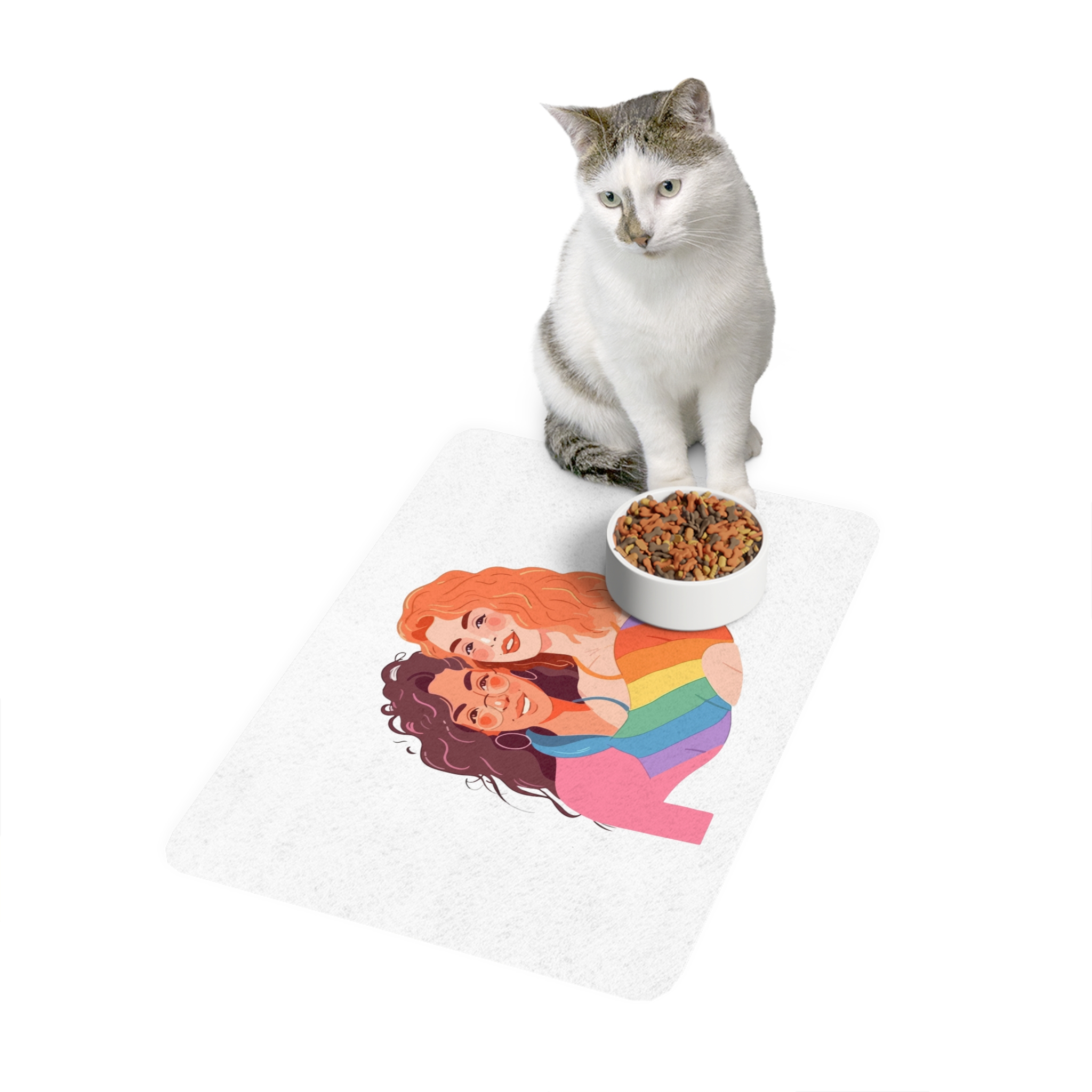 Portrait Lesbian Couple With Rainbow Flag Concept Lgbtq Illustration Couple Pet Food Mat 12x18 - Image 3