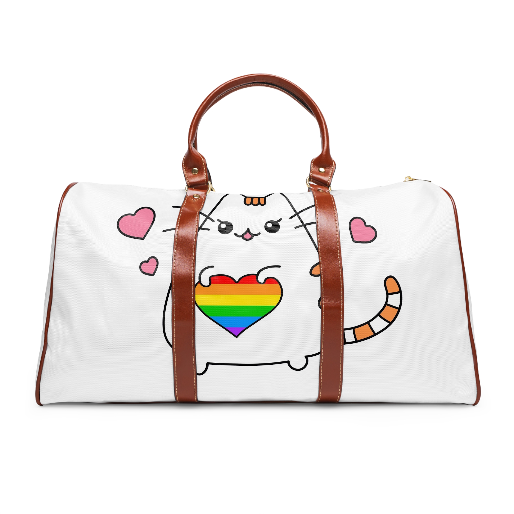 Kawaii Cat With Rainbow Heart Waterproof Travel Bag