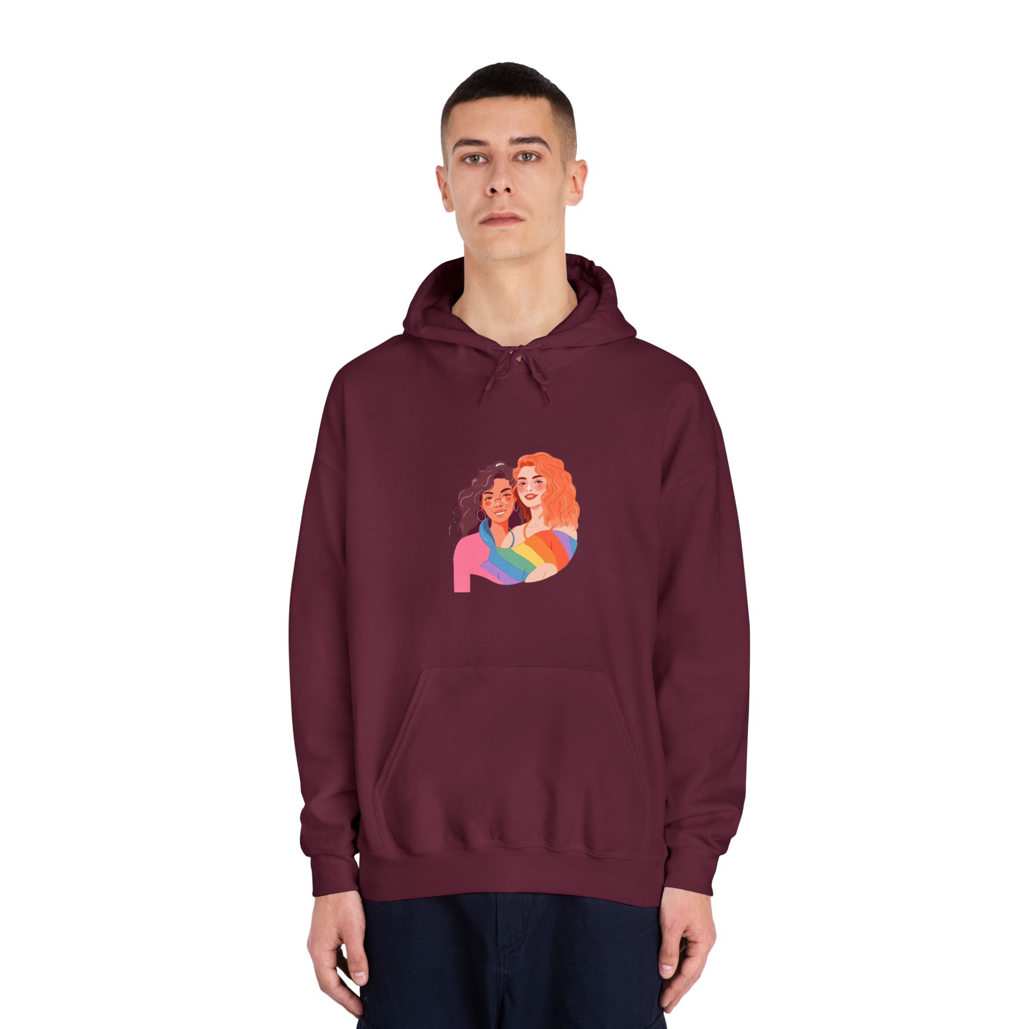 Portrait Lesbian Couple With Rainbow Flag Concept Lgbtq Illustration Couple Unisex Dryblend Hooded Sweatshirt - Image 19