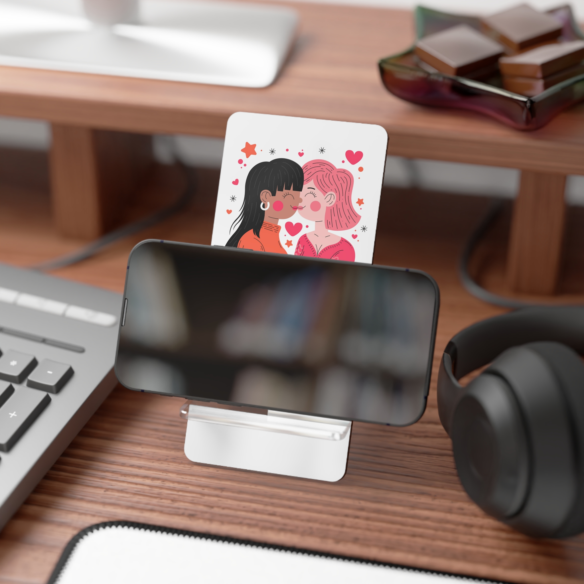 Flat Design Lesbian Couple Kiss Illustration (1) Mobile Display Stand For Smartphones - Image 4