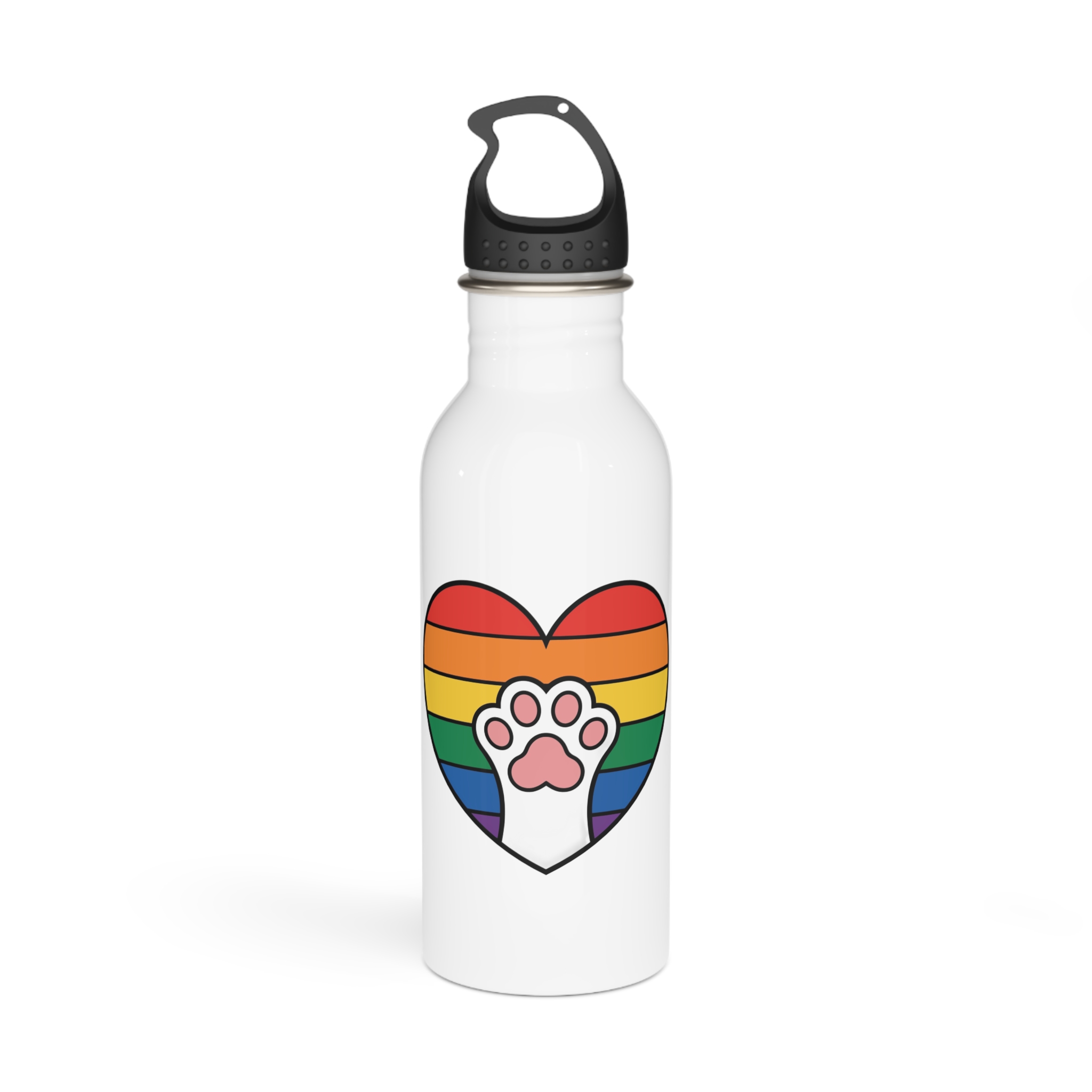 Rainbow Heart With Cute Cat Paw Pride Illustration Stainless Steel Water Bottle