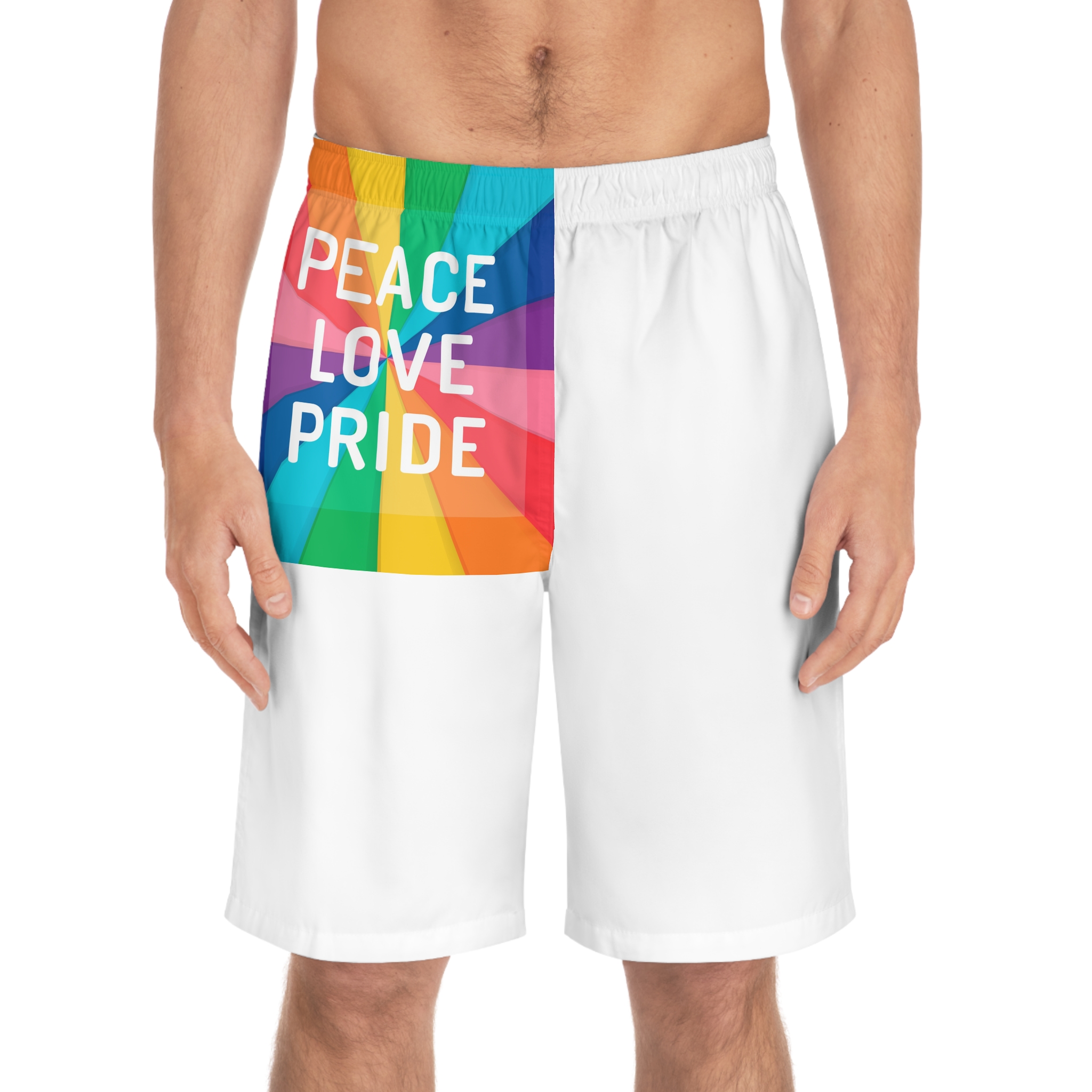 Rainbow Colored Background With Peace Love Pride Concept Pride Month Mens Board Shorts Aop - Image 3