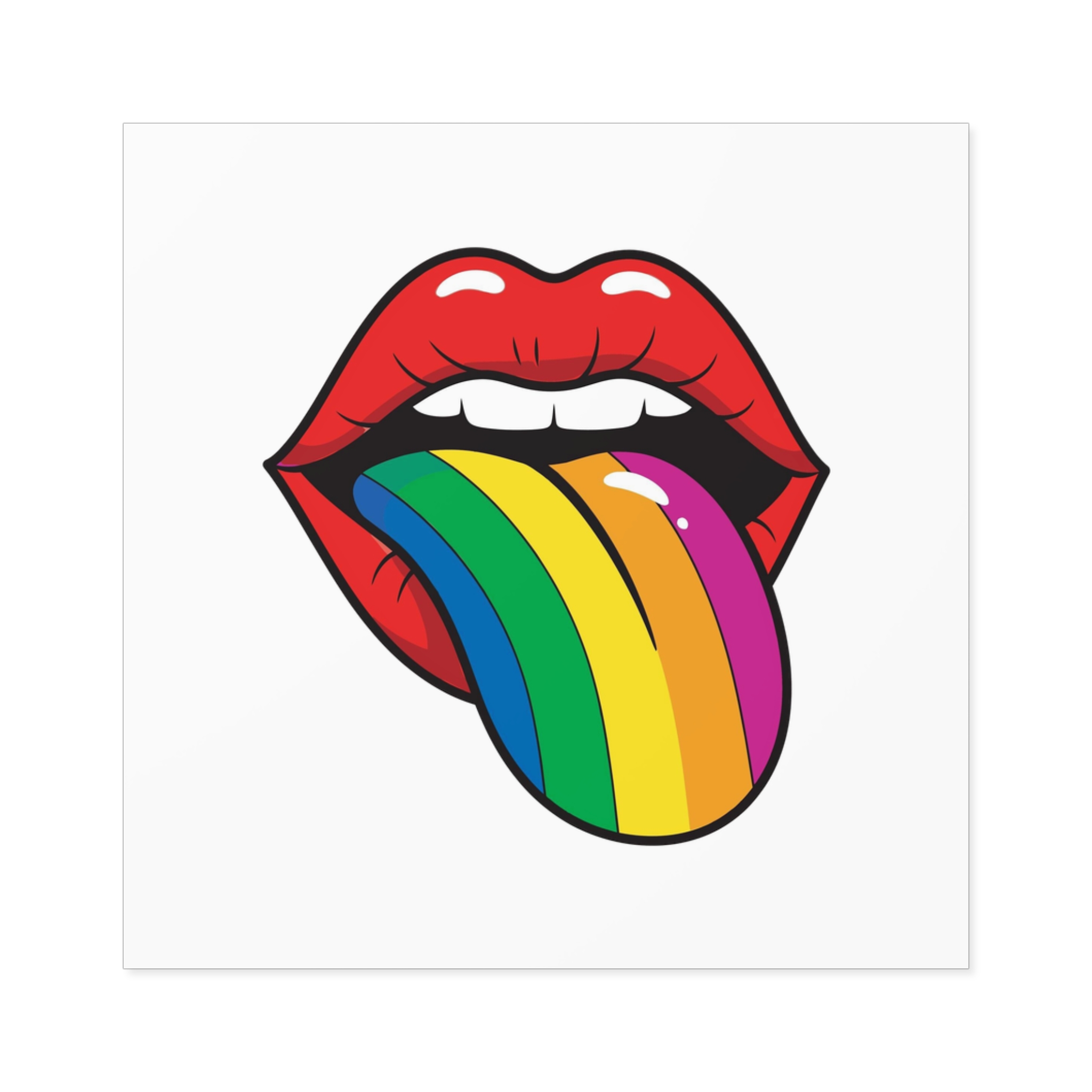Pop Art Illustration Open Red Lips With Long Colorful Rainbow Tongue Sticking Out Now Laminate Stickers Square - Image 21