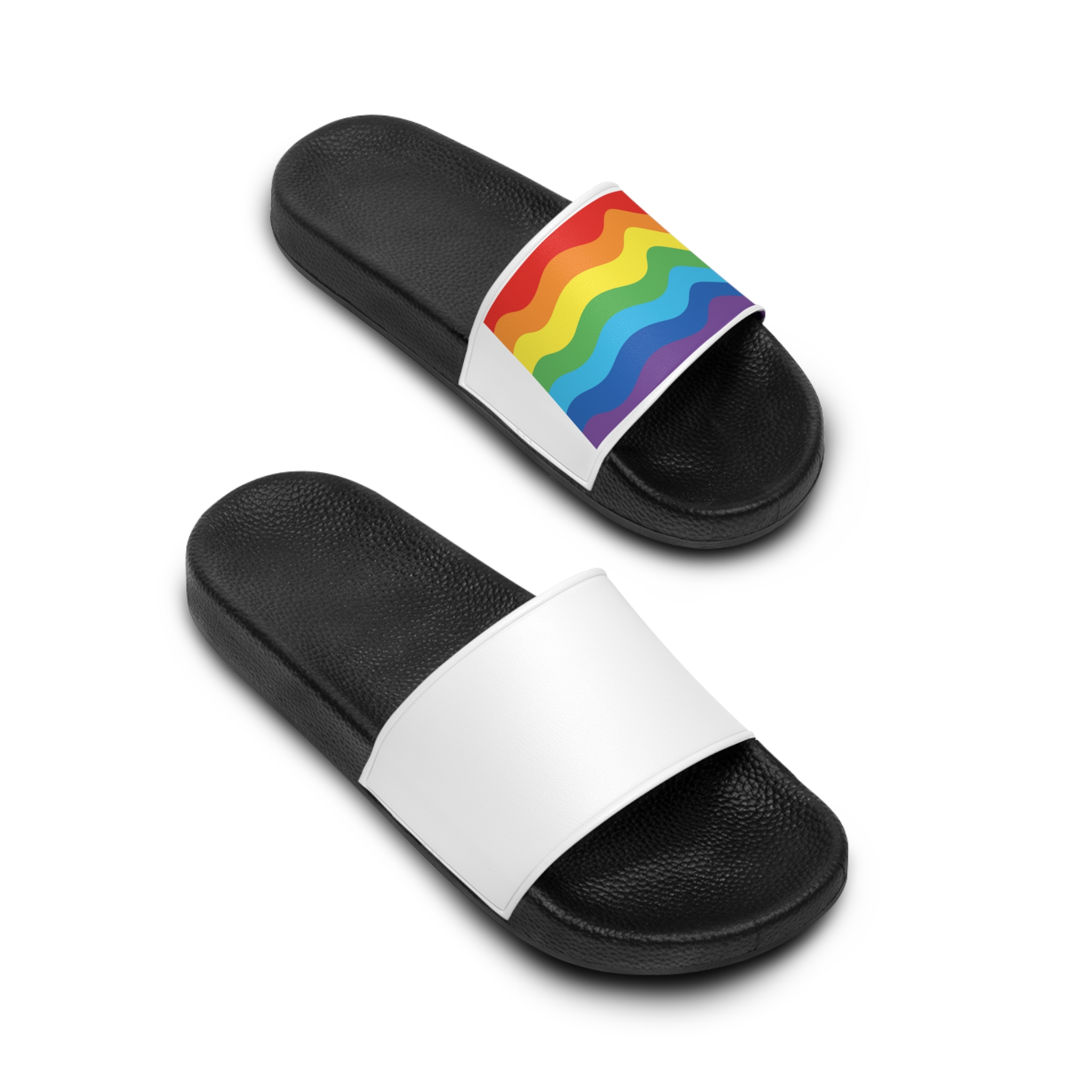 Bright Rainbow Color Waves Creating Cheerful Design Background Mens Slide Sandals - Image 4