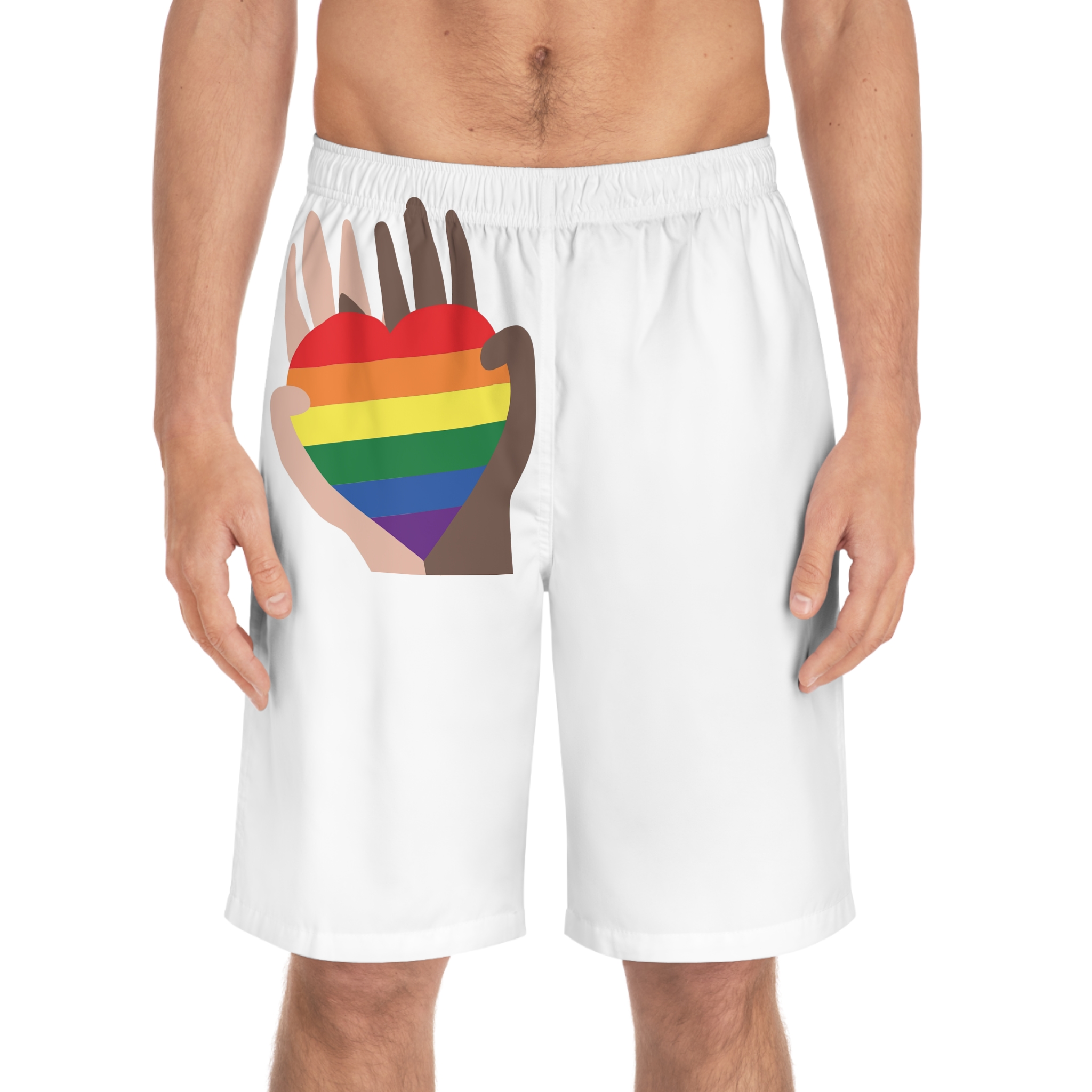 Hands Different Colors Skin Holding Rainbow Heart Lgbtq Color Mens Board Shorts Aop - Image 3