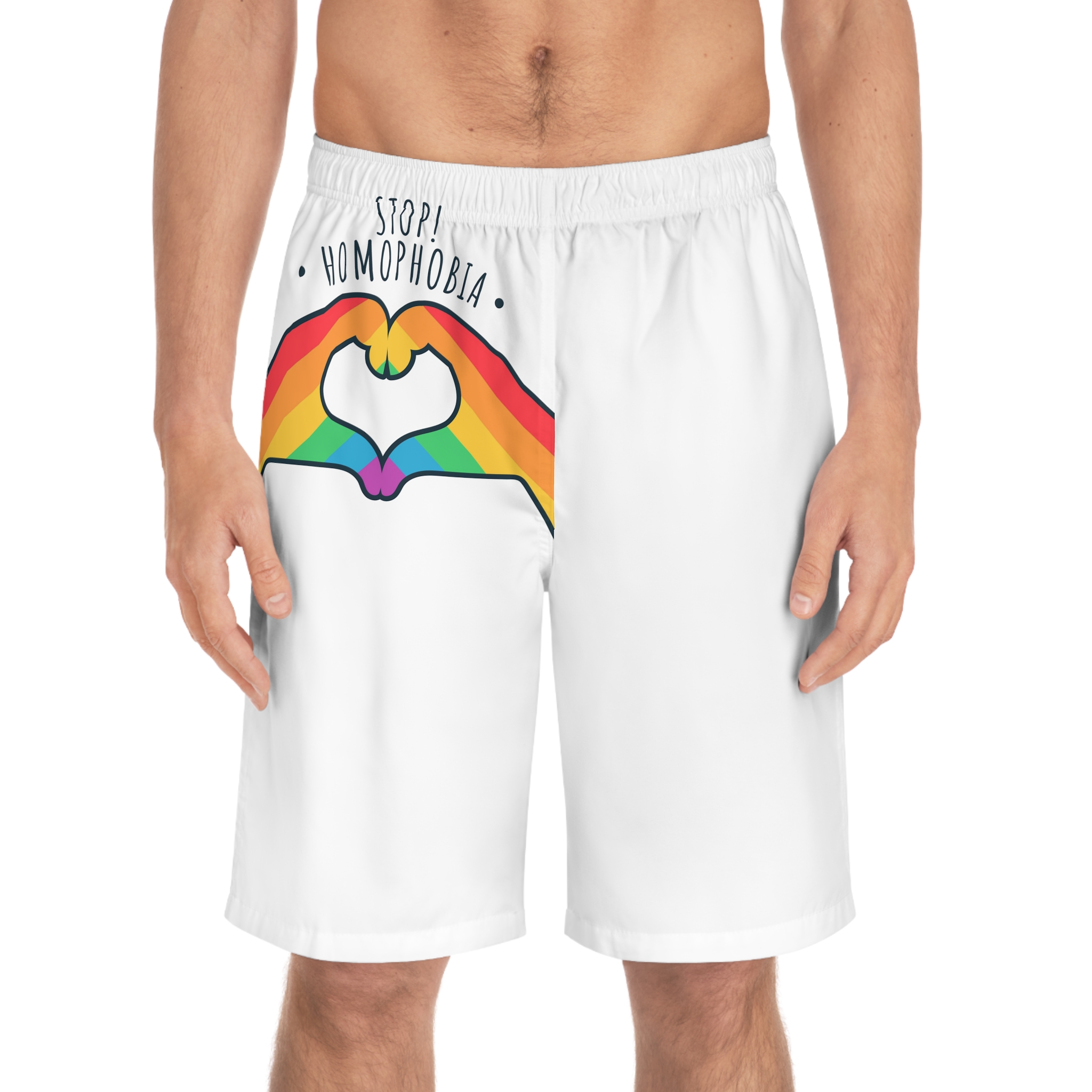 Stop Homophobia 17 May Lgbt Pride Heart Hand Rainbow Color Poster Sticker Symbol Vector Mens Board Shorts Aop - Image 3