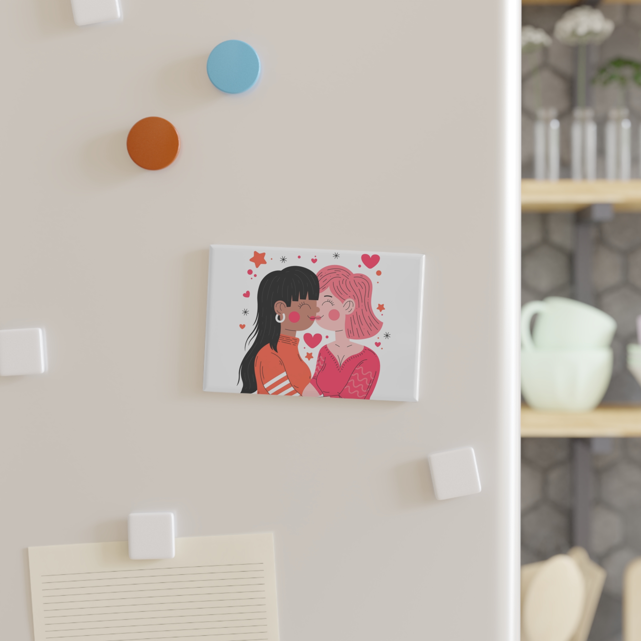 Flat Design Lesbian Couple Kiss Illustration (1) Button Magnet Rectangle 1 And 10 Pcs - Image 7