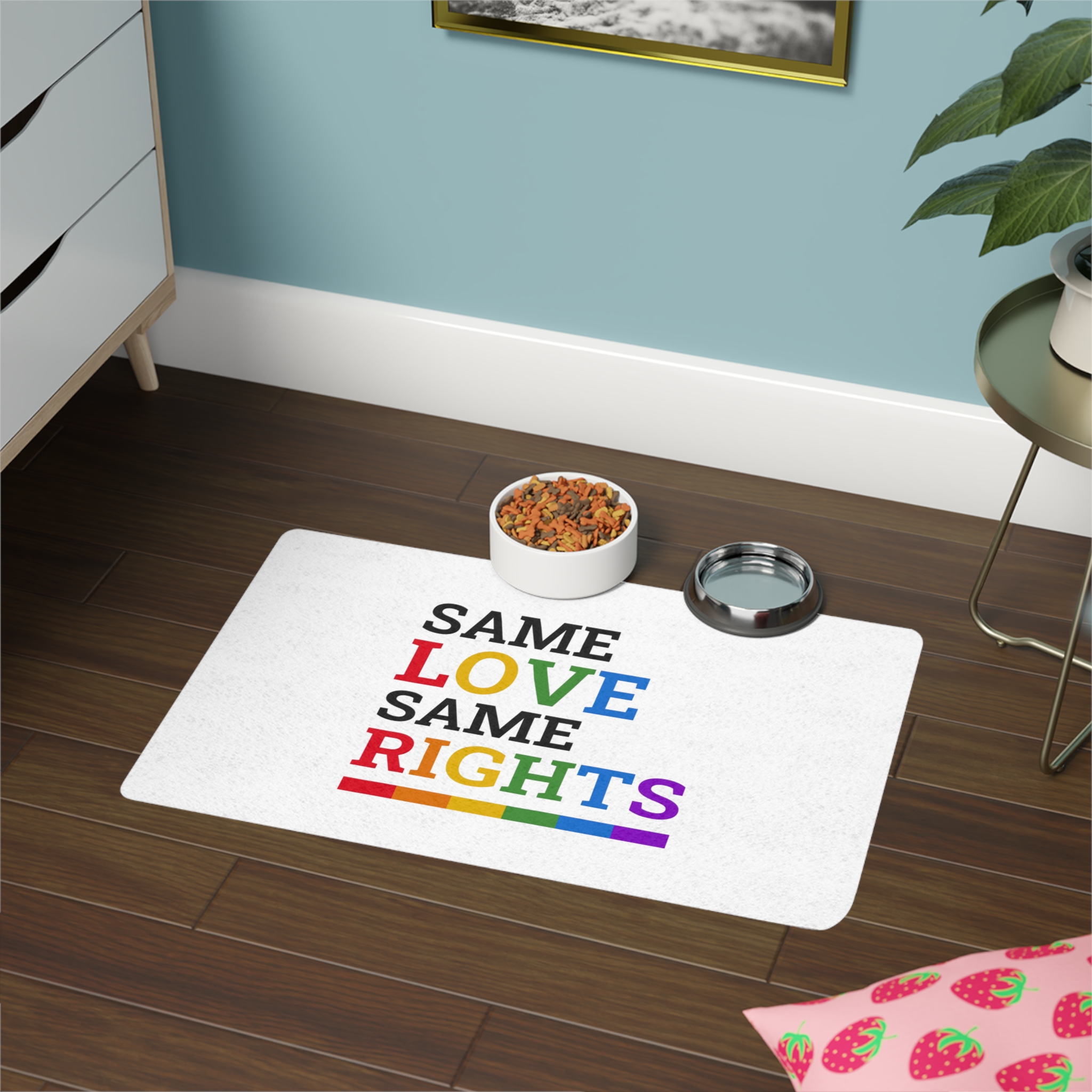 Same Love Same Rights Lgbtq Pride Month Quote Typographic Art With Rainbow Flag White Background Pet Food Mat 12x18 - Image 4