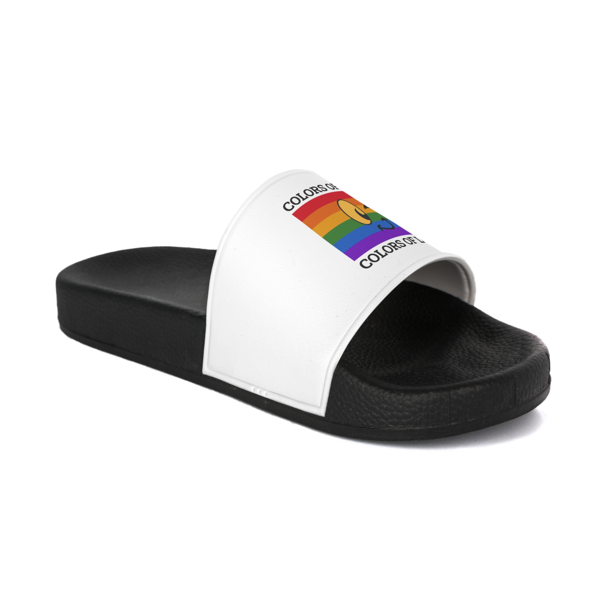 Colors Love Lgbtq Pride Month Quote Rainbow Flag Art With Smiley Face White Background Mens Slide Sandals - Image 2