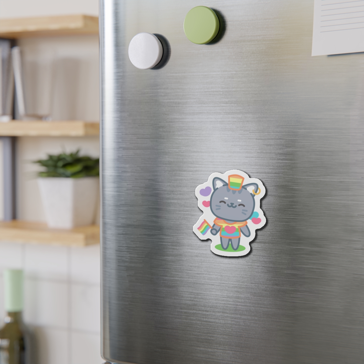 Cute Grey Cat With Rainbow Pride Flag Heart Illustration Die Cut Magnets - Image 6