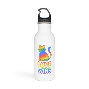 Adorable Rainbowstriped Cat With Love Wins Slogan Playful Colorful Vector Illustration Stainless Steel Water Bottle