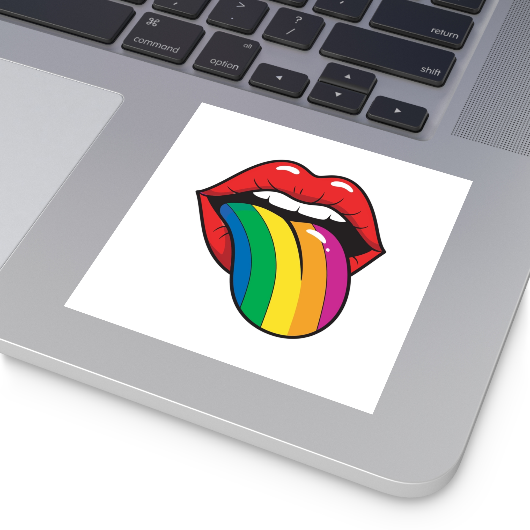 Pop Art Illustration Open Red Lips With Long Colorful Rainbow Tongue Sticking Out Now Laminate Stickers Square - Image 27