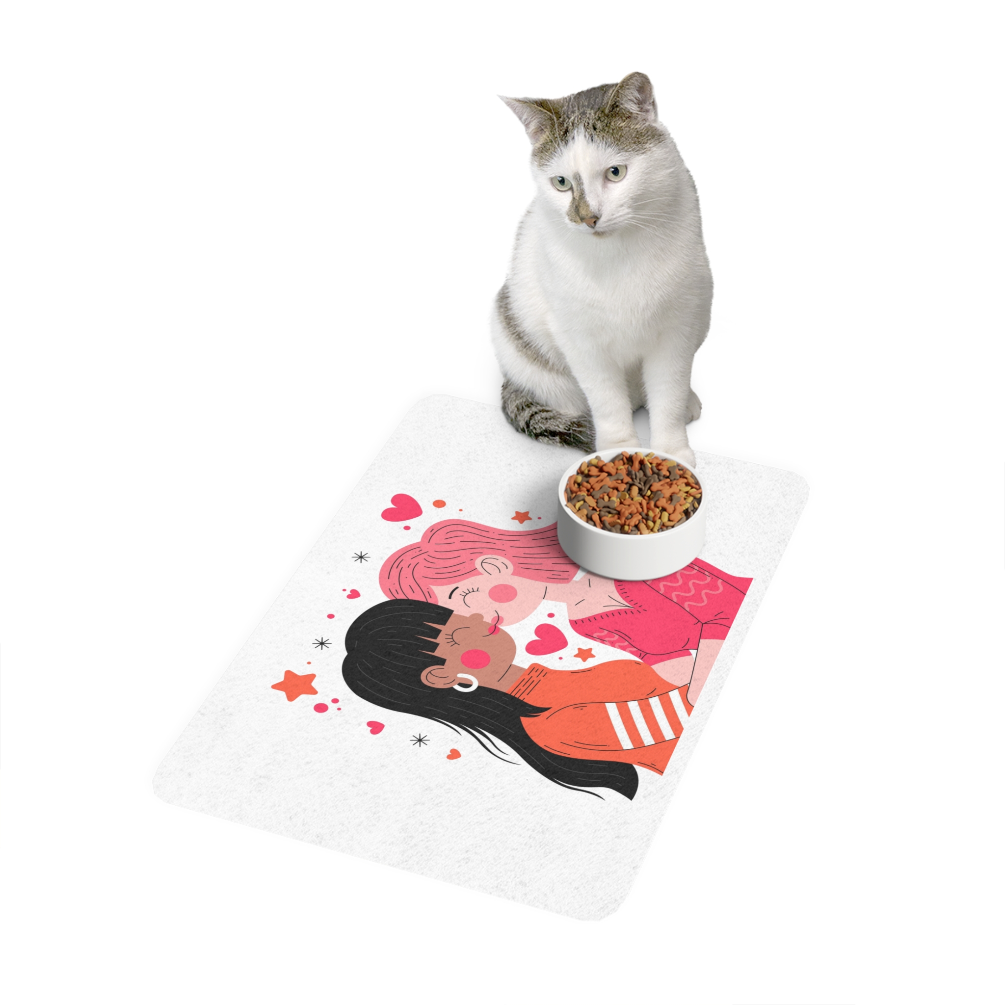 Flat Design Lesbian Couple Kiss Illustration (1) Pet Food Mat 12x18 - Image 3