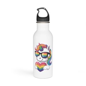 Cute Unicorn With Rainbowcolored Mane Tail Is Wearing Black Sunglassesnbow Stripes Stainless Steel Water Bottle