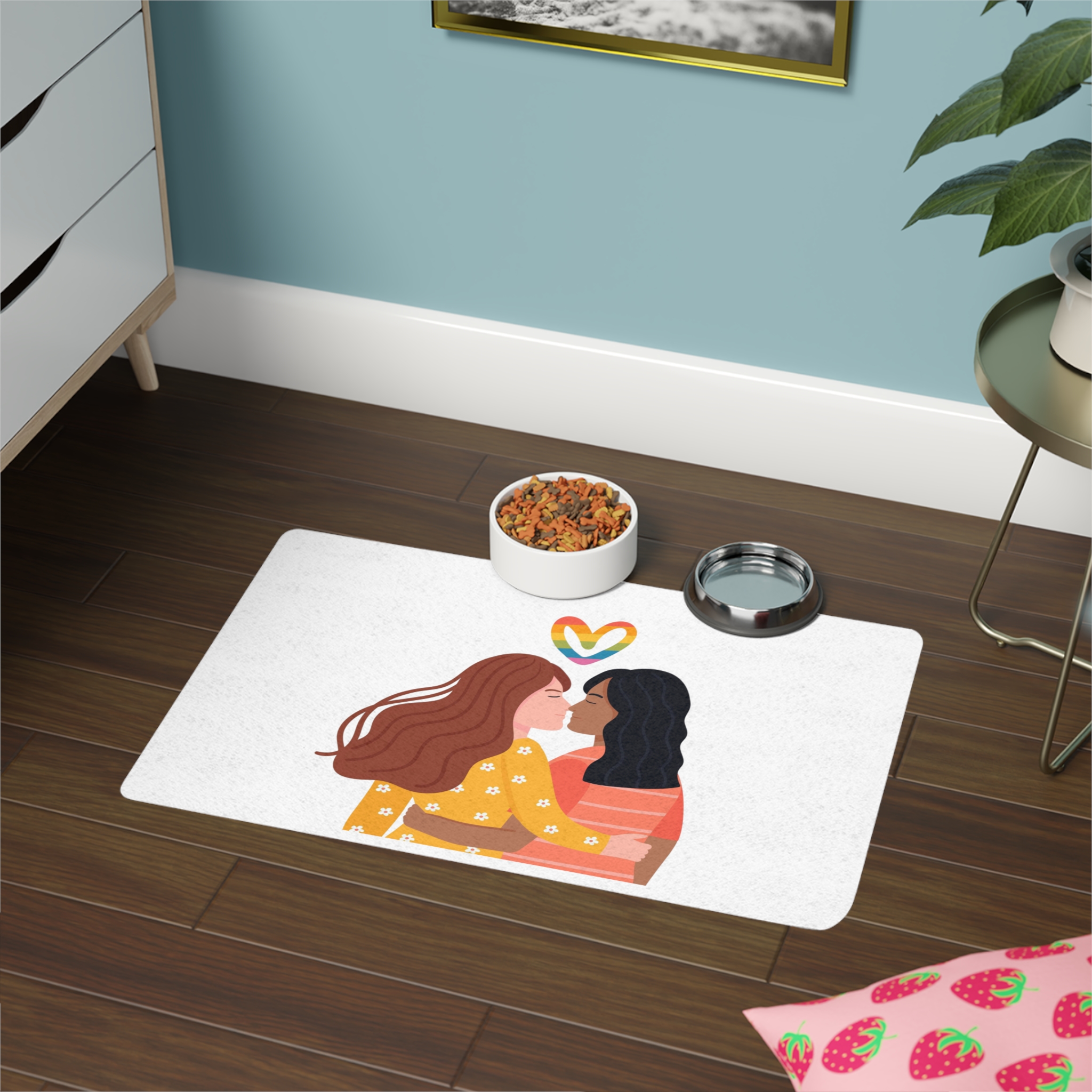 Hand Drawn Affectionate Lesbian Kiss (1) Pet Food Mat 12x18 - Image 4