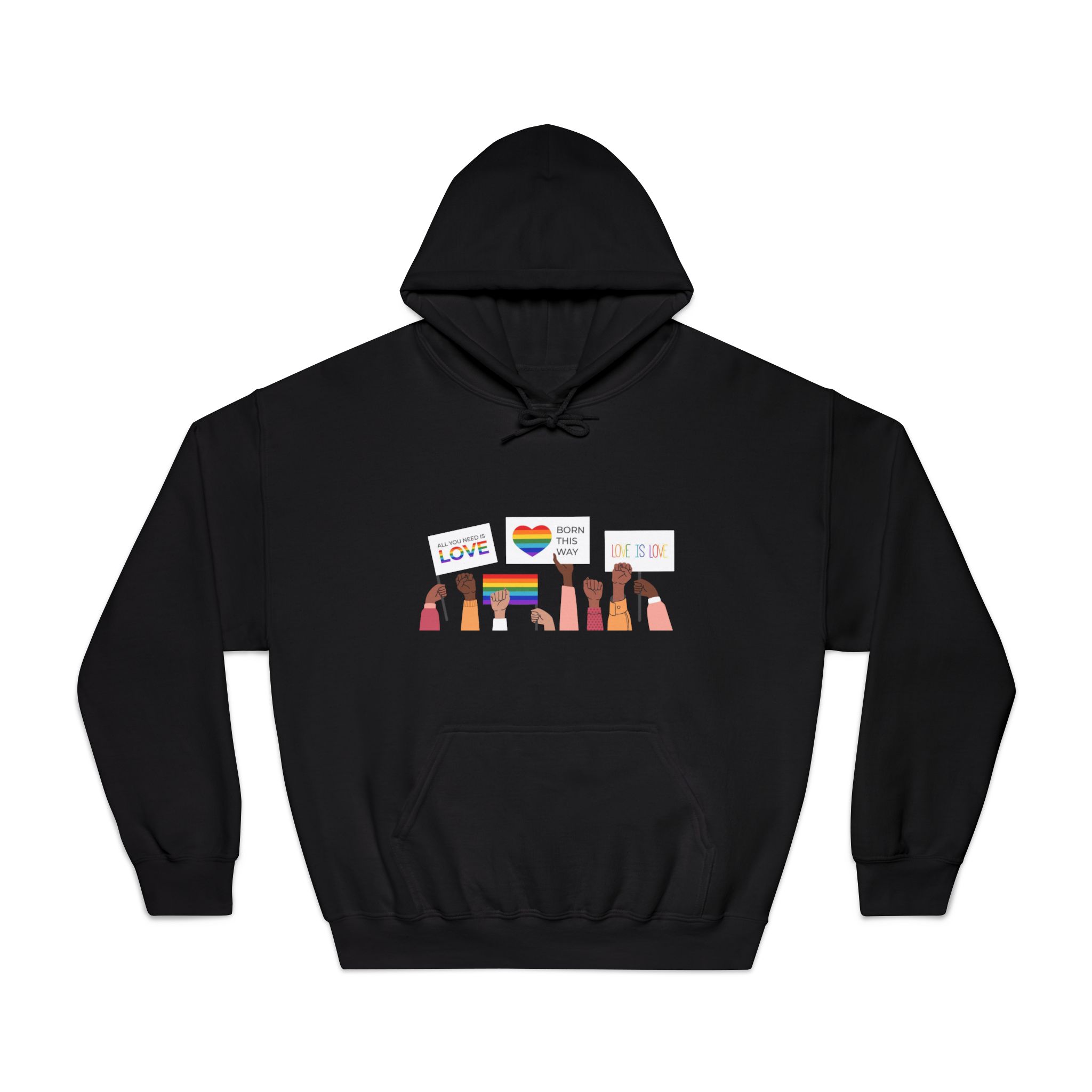People Holding Lgbt Posters Symbols Signs Flags With Rainbows Pride Month Human Rights Love Is Love Unisex Dryblend Hooded Sweatshirt - Image 9