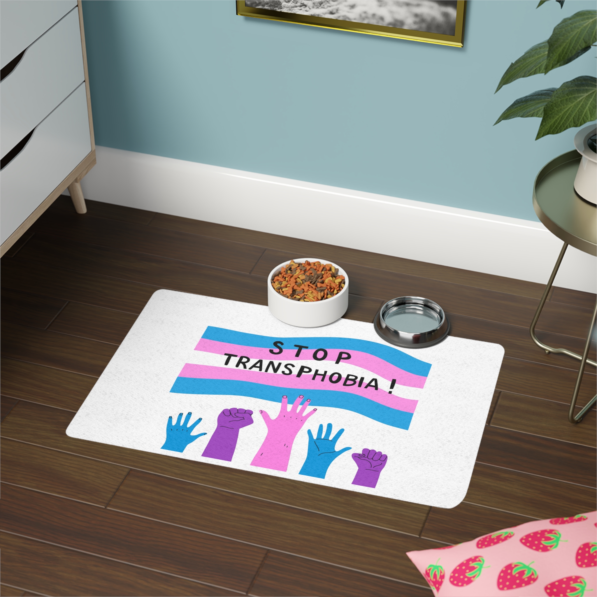 Hand Drawn Stop Transphobia Concept Illustration Pet Food Mat 12x18 - Image 4