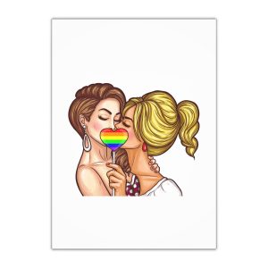 Vector Pop Art Lesbian Couple Kissing Covering Their Lips With Sign Stick Form Rainbow Heart Gift Wrapping Paper Sheets 1pc