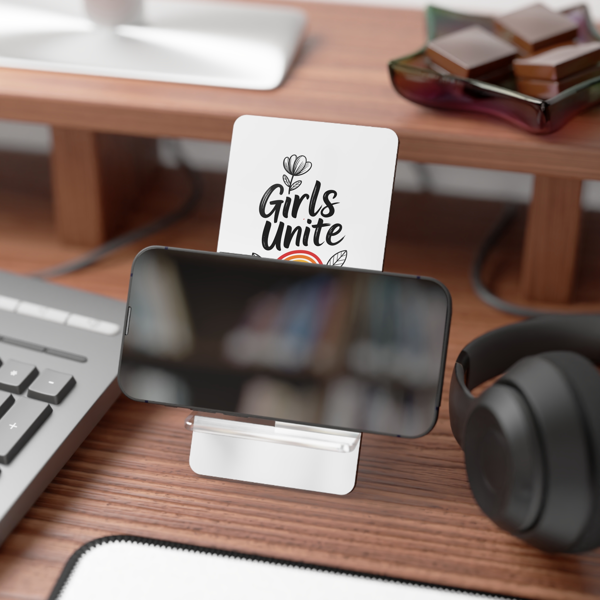 Empowering Girls Unite Slogan With Rainbow Floral Accents Mobile Display Stand For Smartphones - Image 4
