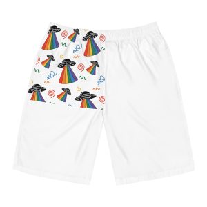 Seamless Pattern Ufo With Rainbow Beam Doodles Mens Board Shorts Aop