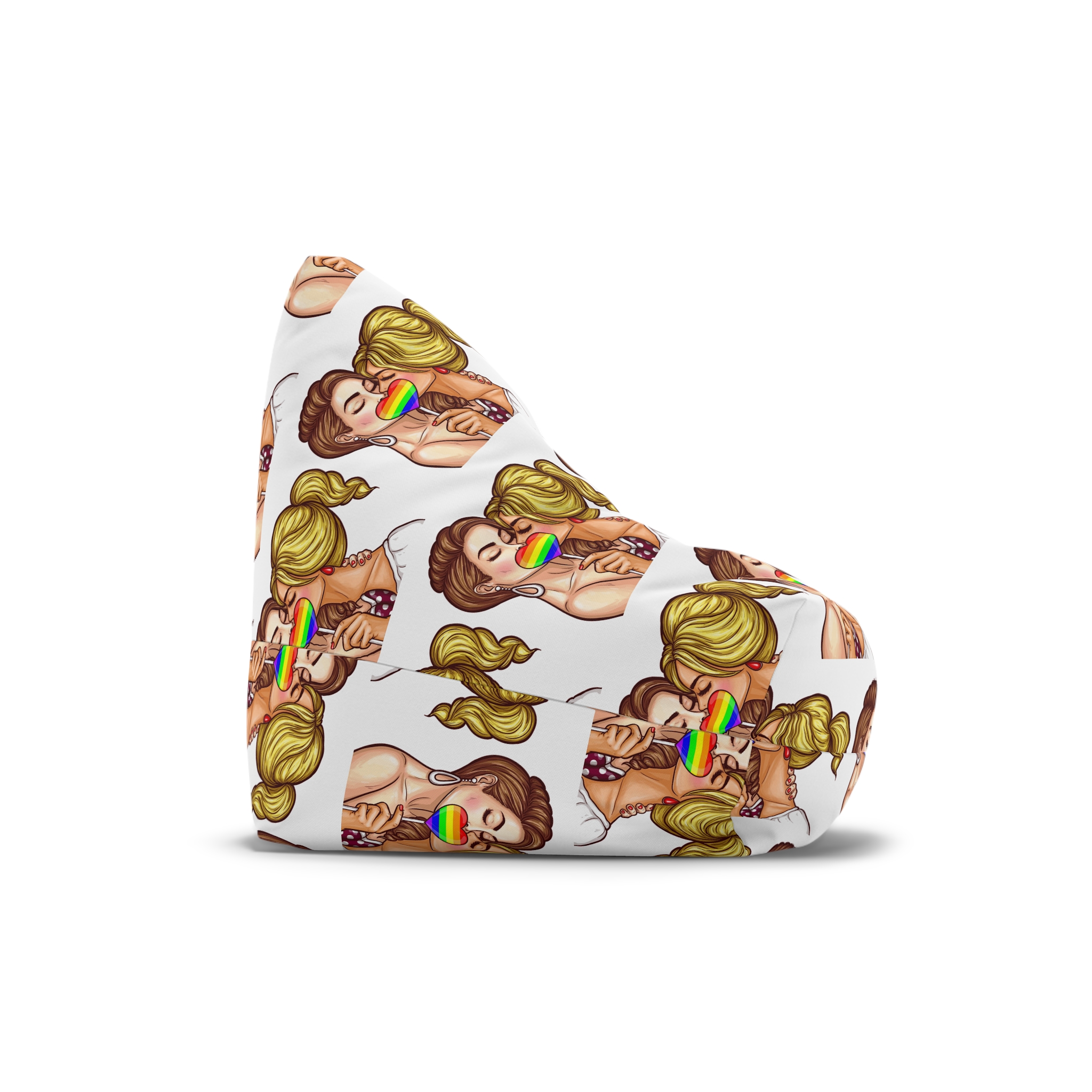 Vector Pop Art Lesbian Couple Kissing Covering Their Lips With Sign Stick Form Rainbow Heart Bean Bag Chair Cover - Image 3