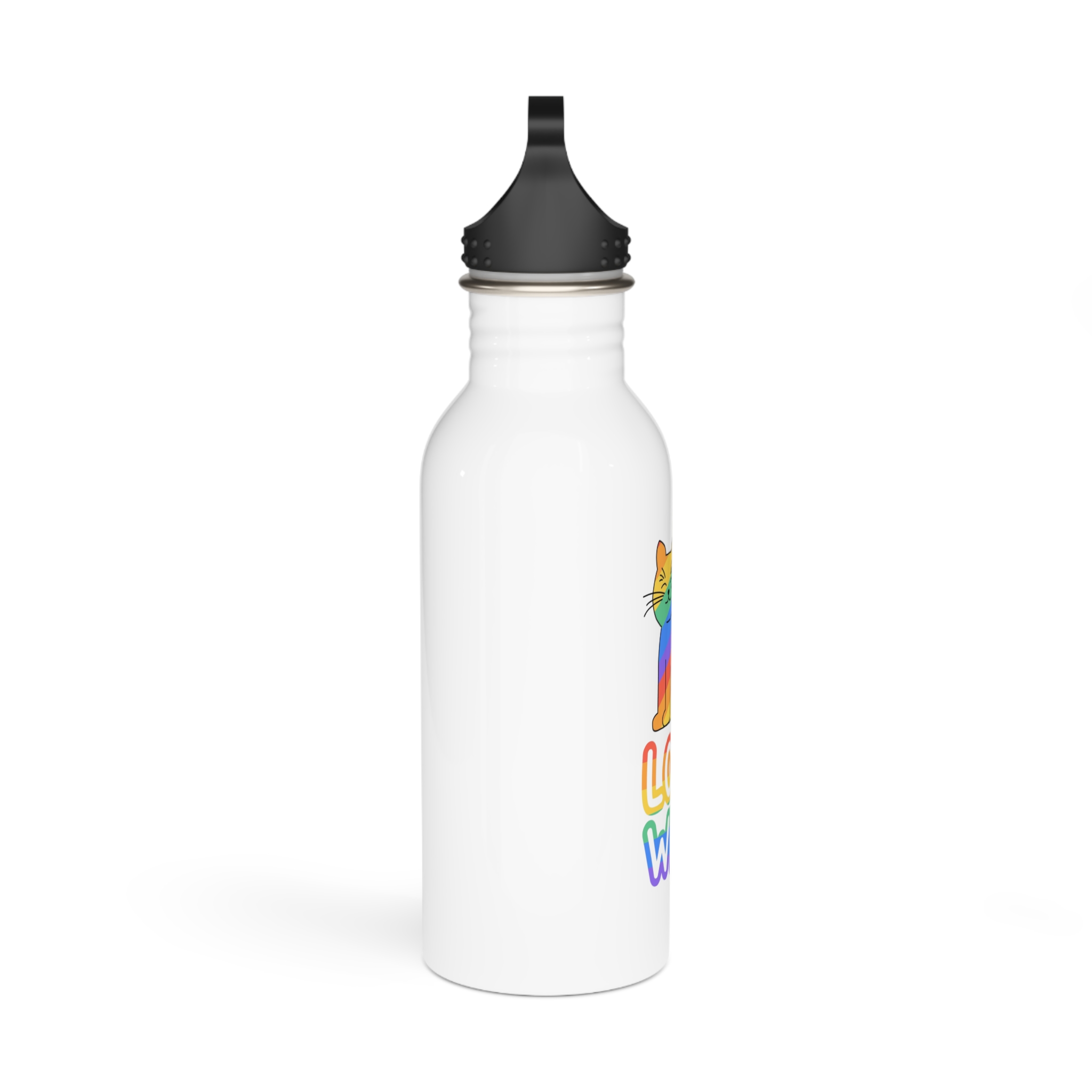 Adorable Rainbowstriped Cat With Love Wins Slogan Playful Colorful Vector Illustration Stainless Steel Water Bottle - Image 2