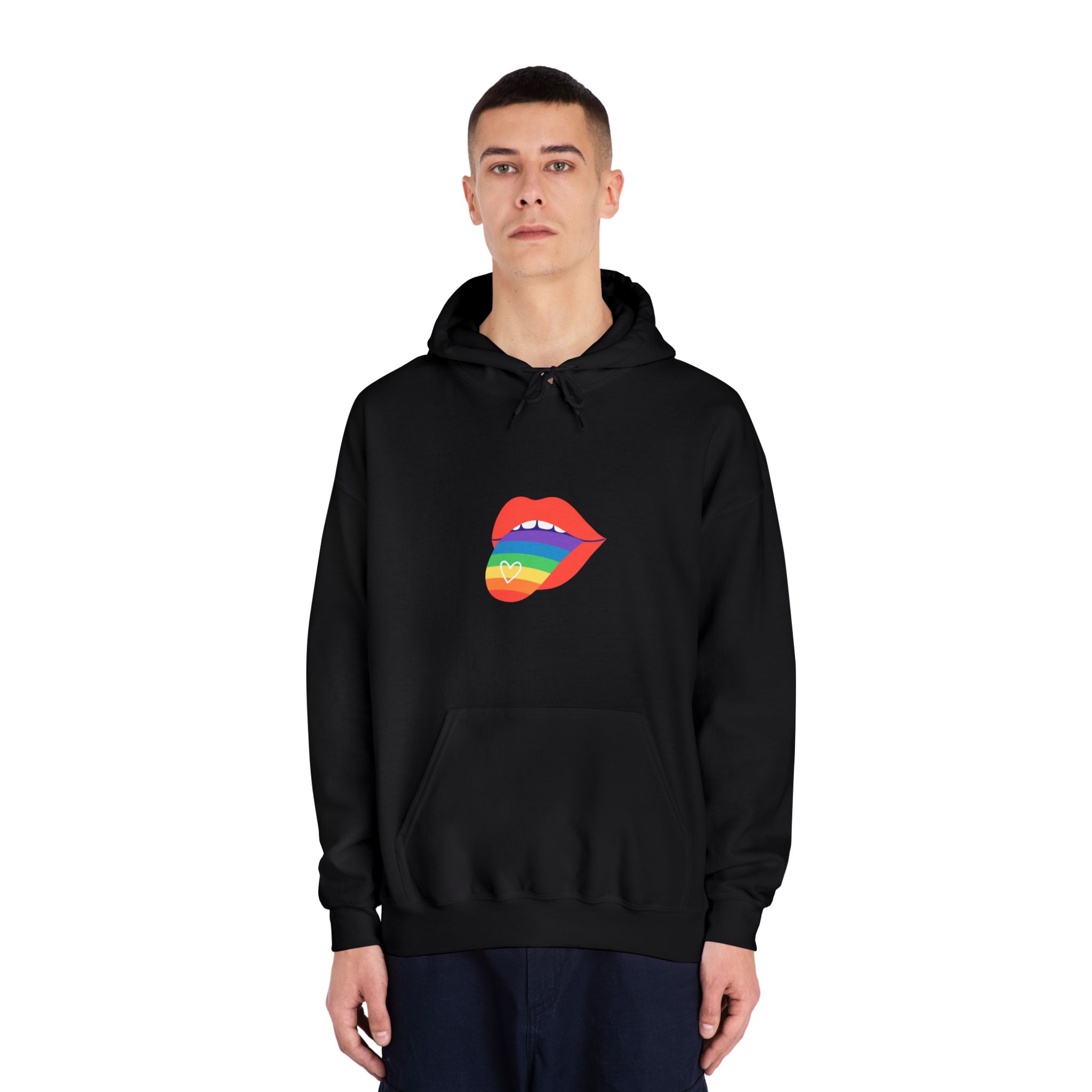 Open Red Lips With Rainbow Tongue Hand Drawn Vector Illustration Unisex Dryblend Hooded Sweatshirt - Image 11