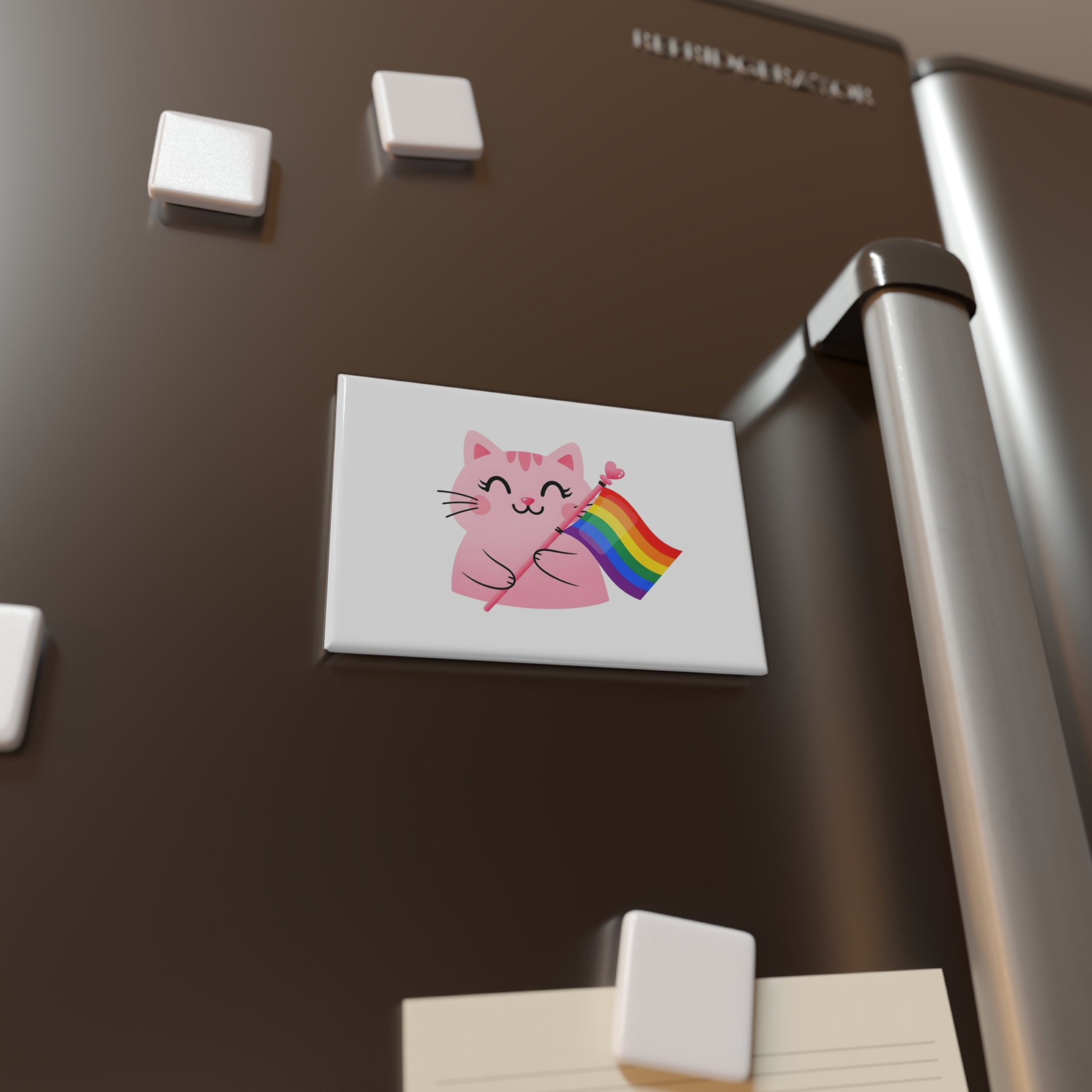 Cute Pink Cat With Rainbow Pride Flag Button Magnet Rectangle 1 And 10 Pcs - Image 4