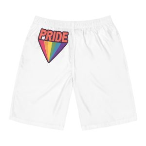 Pride Text With Rainbow Flag Badge Lgbt Symbol Gay Lesbian Bisexual Trans Queer Love Symbol Mens Board Shorts Aop