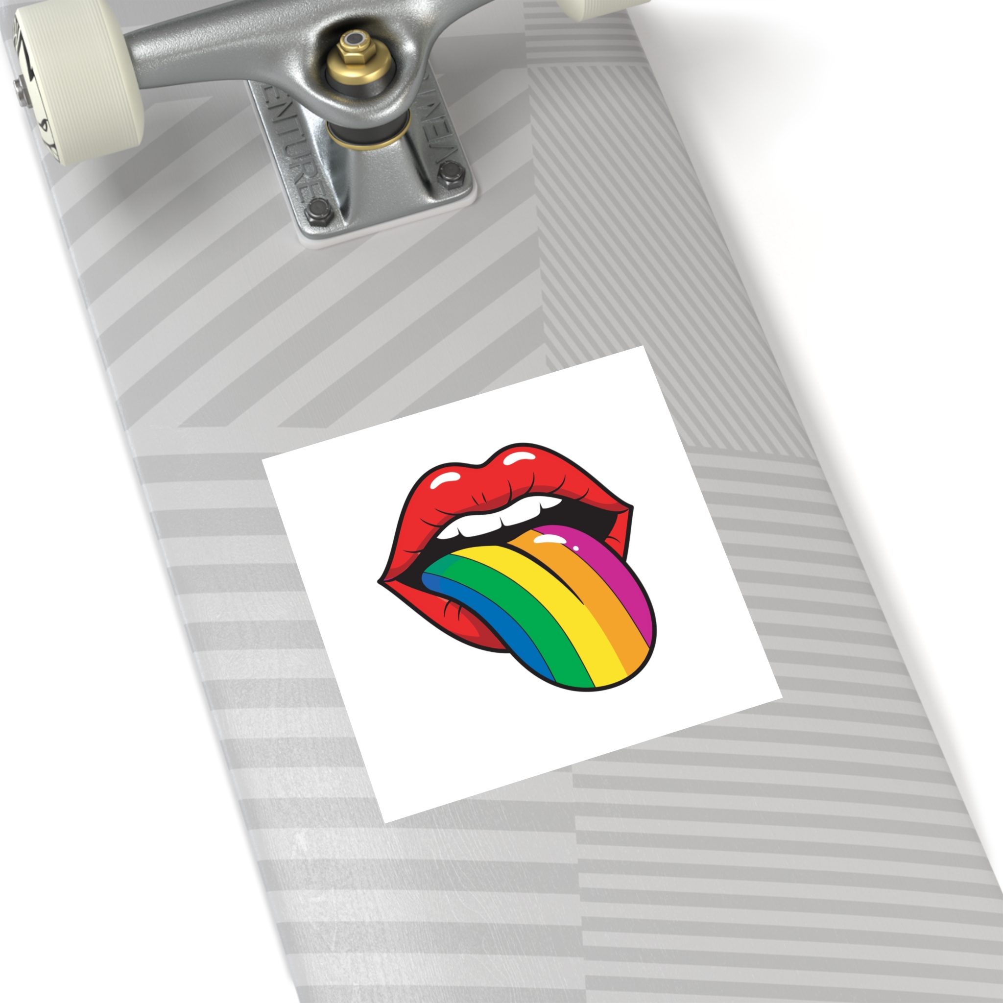 Pop Art Illustration Open Red Lips With Long Colorful Rainbow Tongue Sticking Out Now Laminate Stickers Square - Image 36
