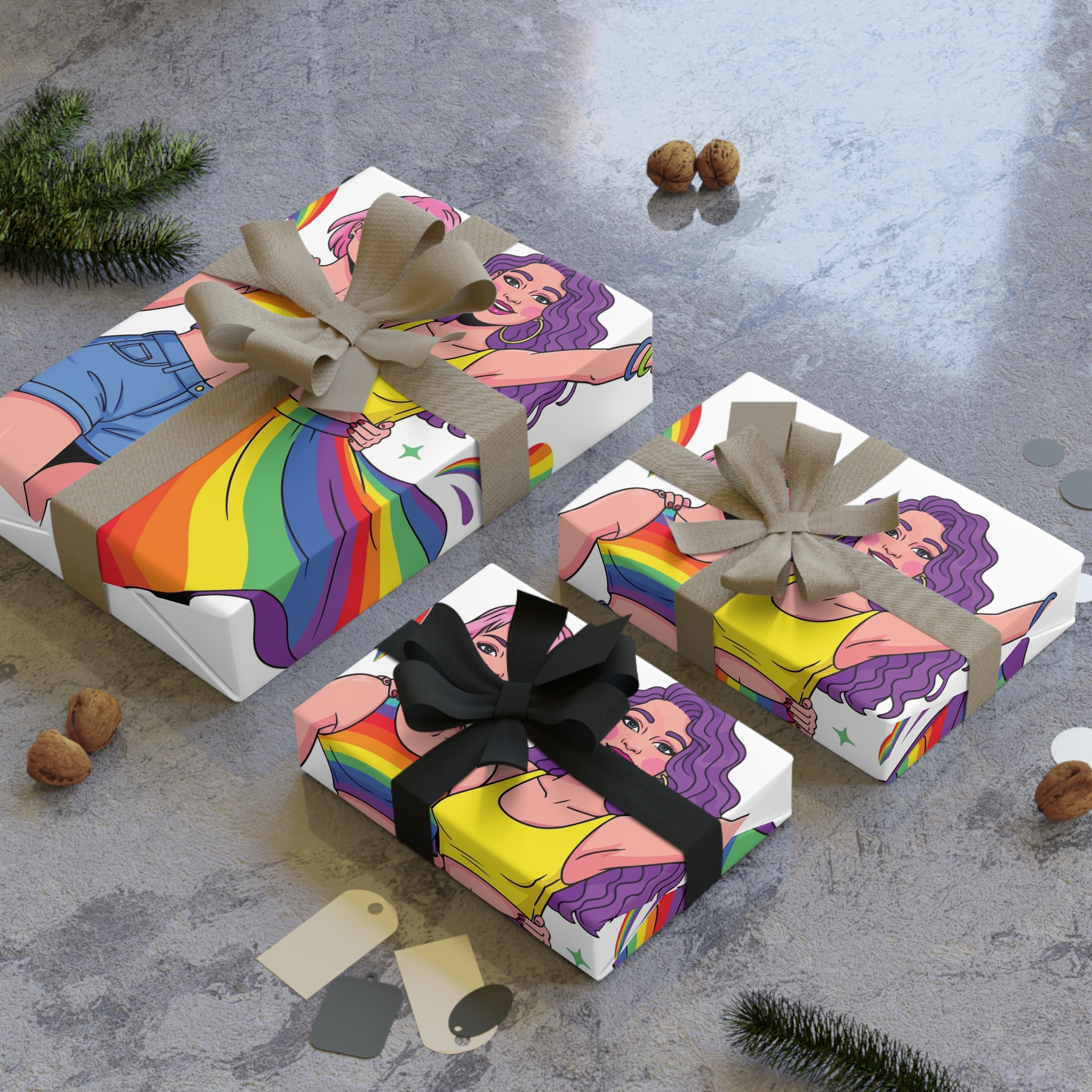 Two Happy Women Celebrating Diversity Pride With Rainbow Colors Splashes Gift Wrapping Paper Rolls 1pc - Image 4
