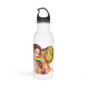 Vector Pop Art Lesbian Couple Kissing Covering Their Lips With Sign Stick Form Rainbow Heart Stainless Steel Water Bottle