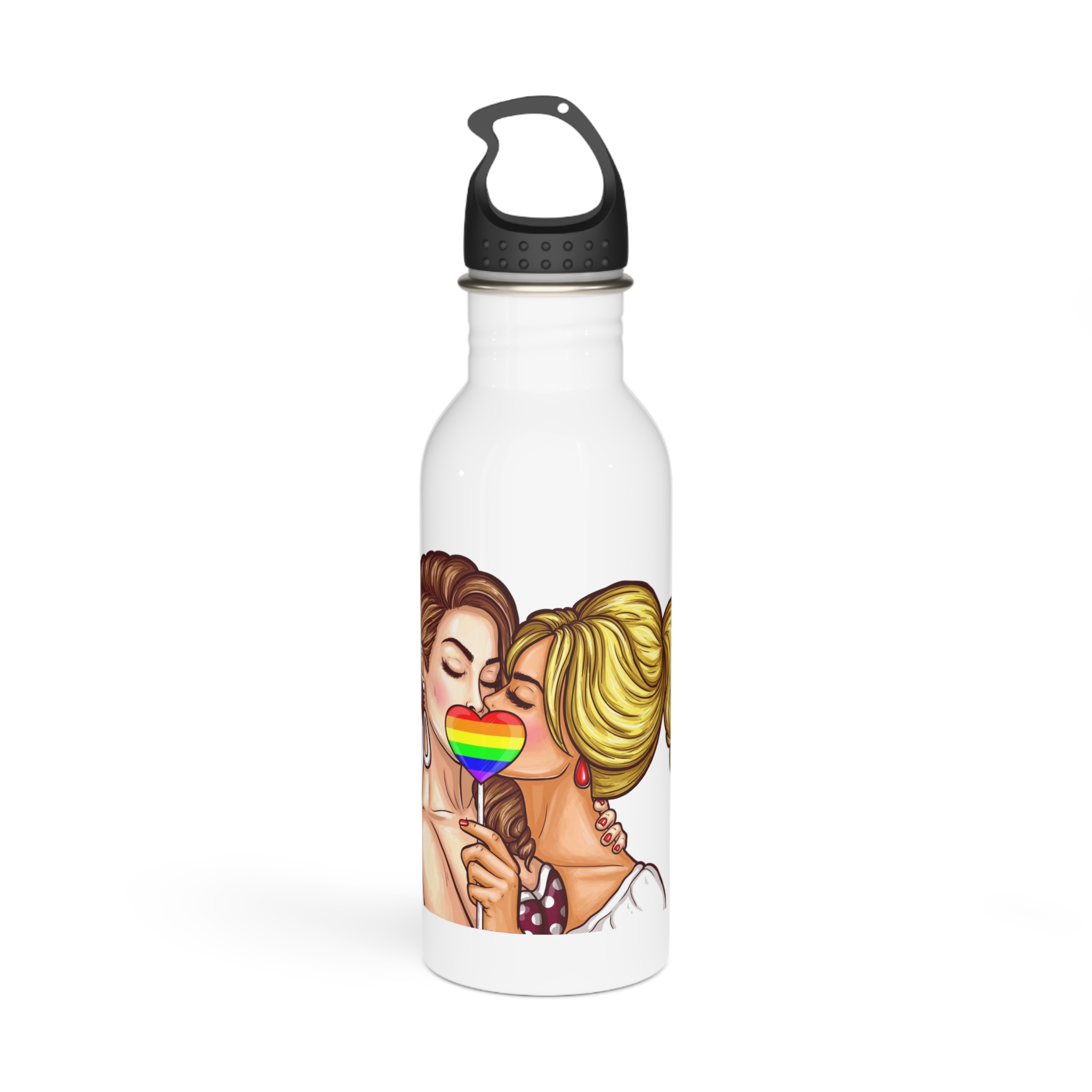 Vector Pop Art Lesbian Couple Kissing Covering Their Lips With Sign Stick Form Rainbow Heart Stainless Steel Water Bottle