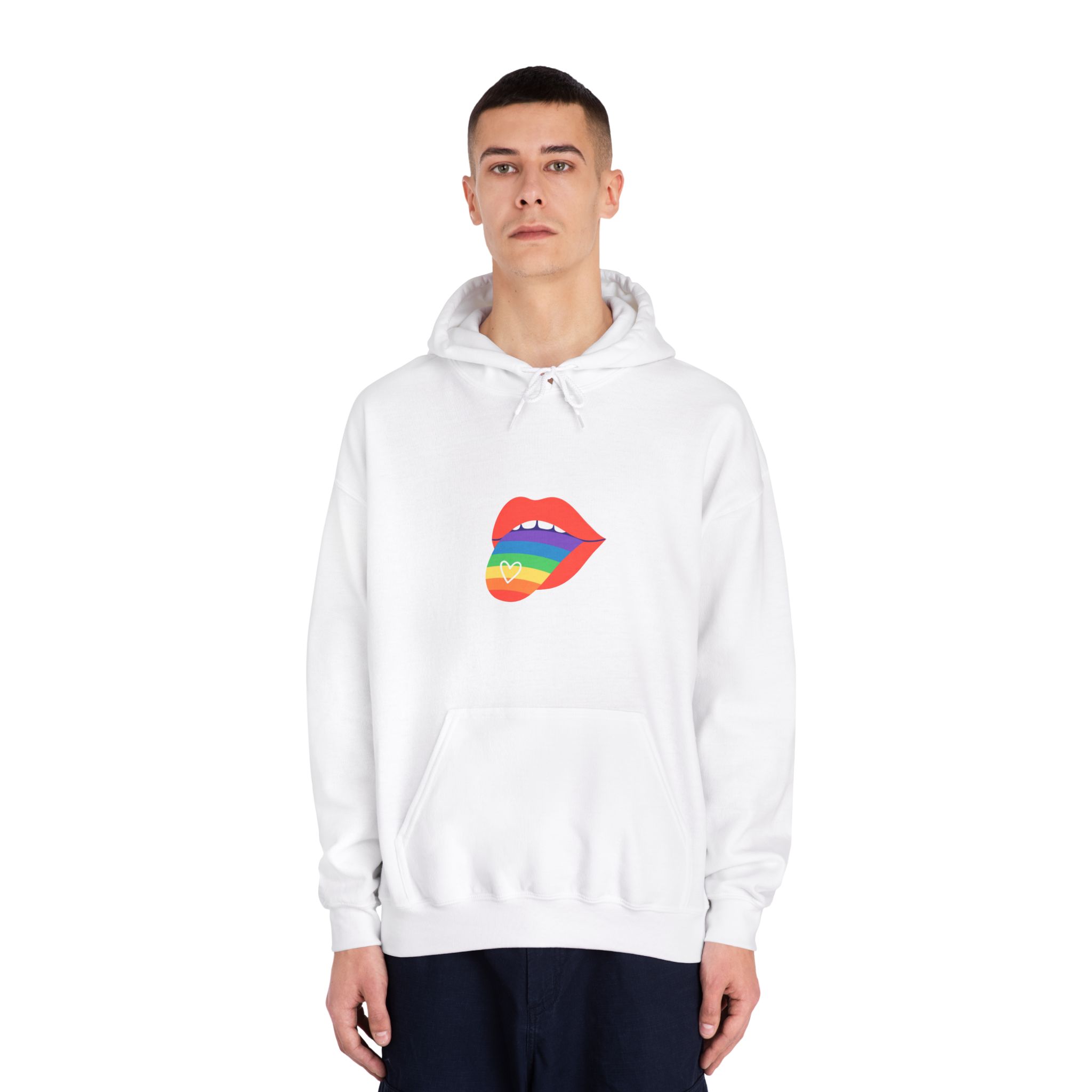 Open Red Lips With Rainbow Tongue Hand Drawn Vector Illustration Unisex Dryblend Hooded Sweatshirt - Image 3