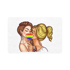 Vector Pop Art Lesbian Couple Kissing Covering Their Lips With Sign Stick Form Rainbow Heart Pet Food Mat 12x18